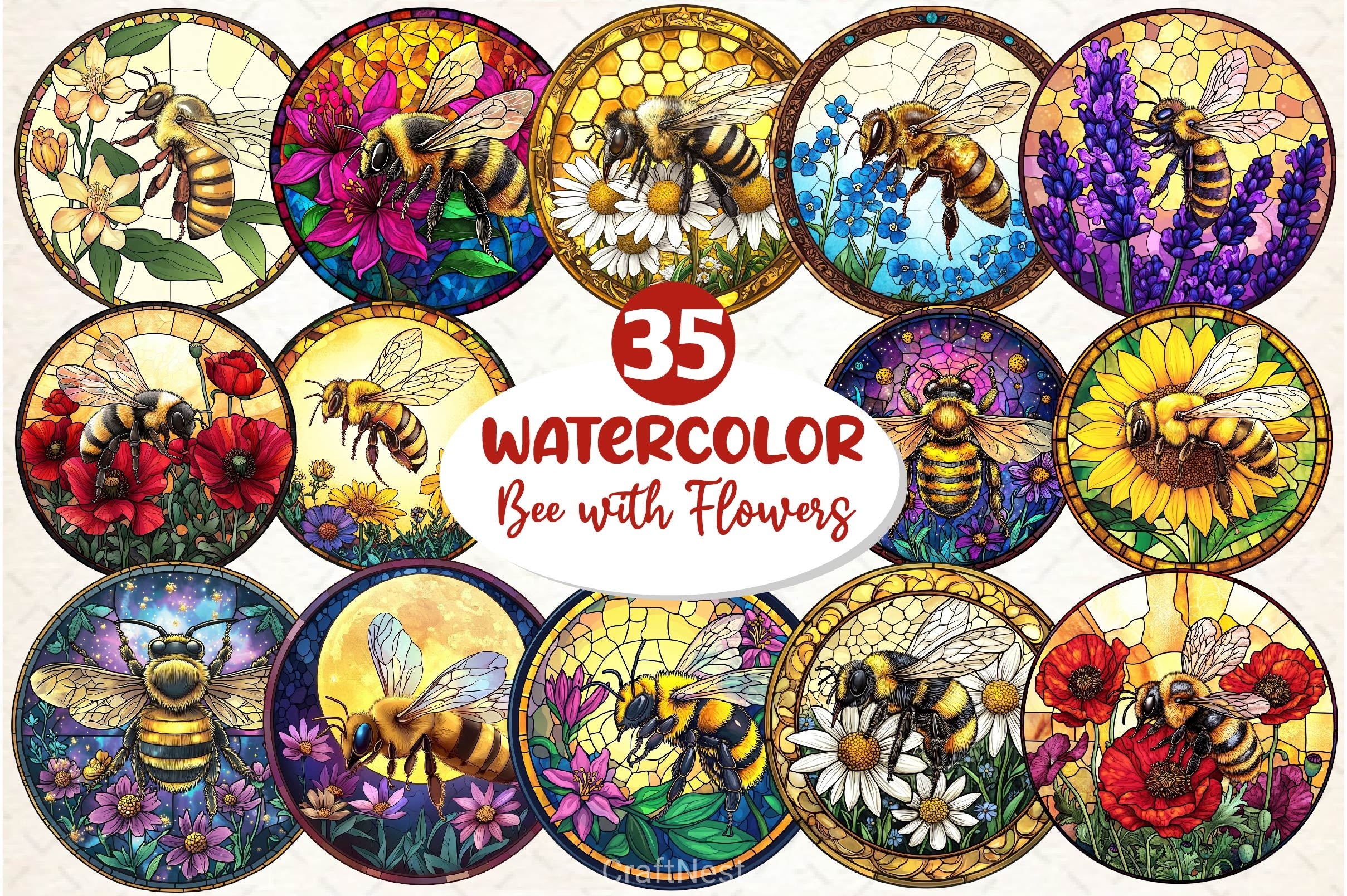 Bee With Flowers Round Stained Glass Art Clipart Bundle - CraftNest - Digital Crafting and Art