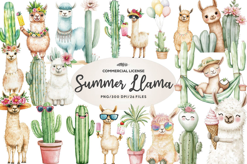 Adorable Summer Llama And Cactus Clipart Bundle - CraftNest - Digital Crafting and Art