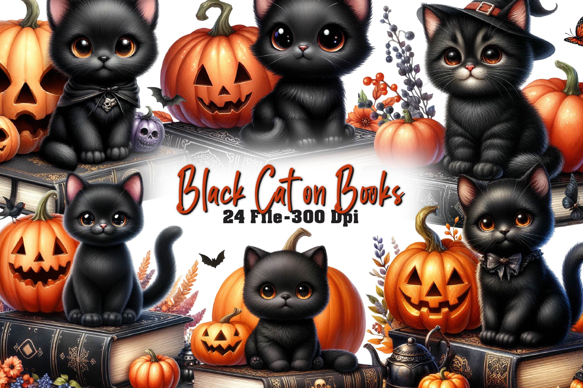 Halloween Black Cat On Books Clipart Bundle - CraftNest - Digital Crafting and Art