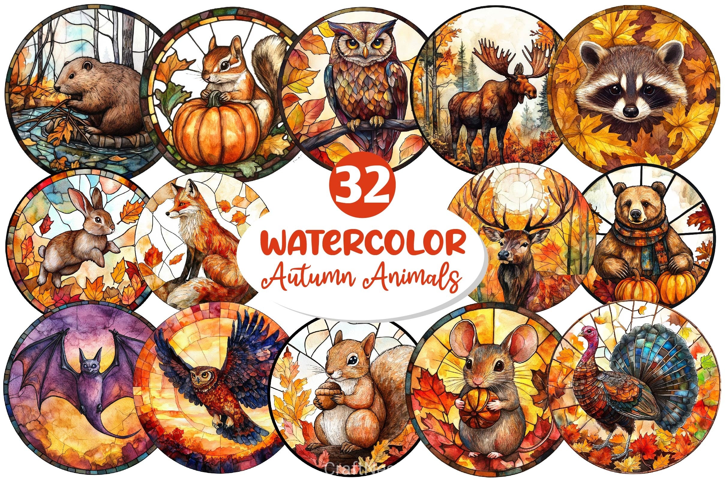 Stained Glass Autumn Animals Clipart Bundle - CraftNest - Digital Crafting and Art