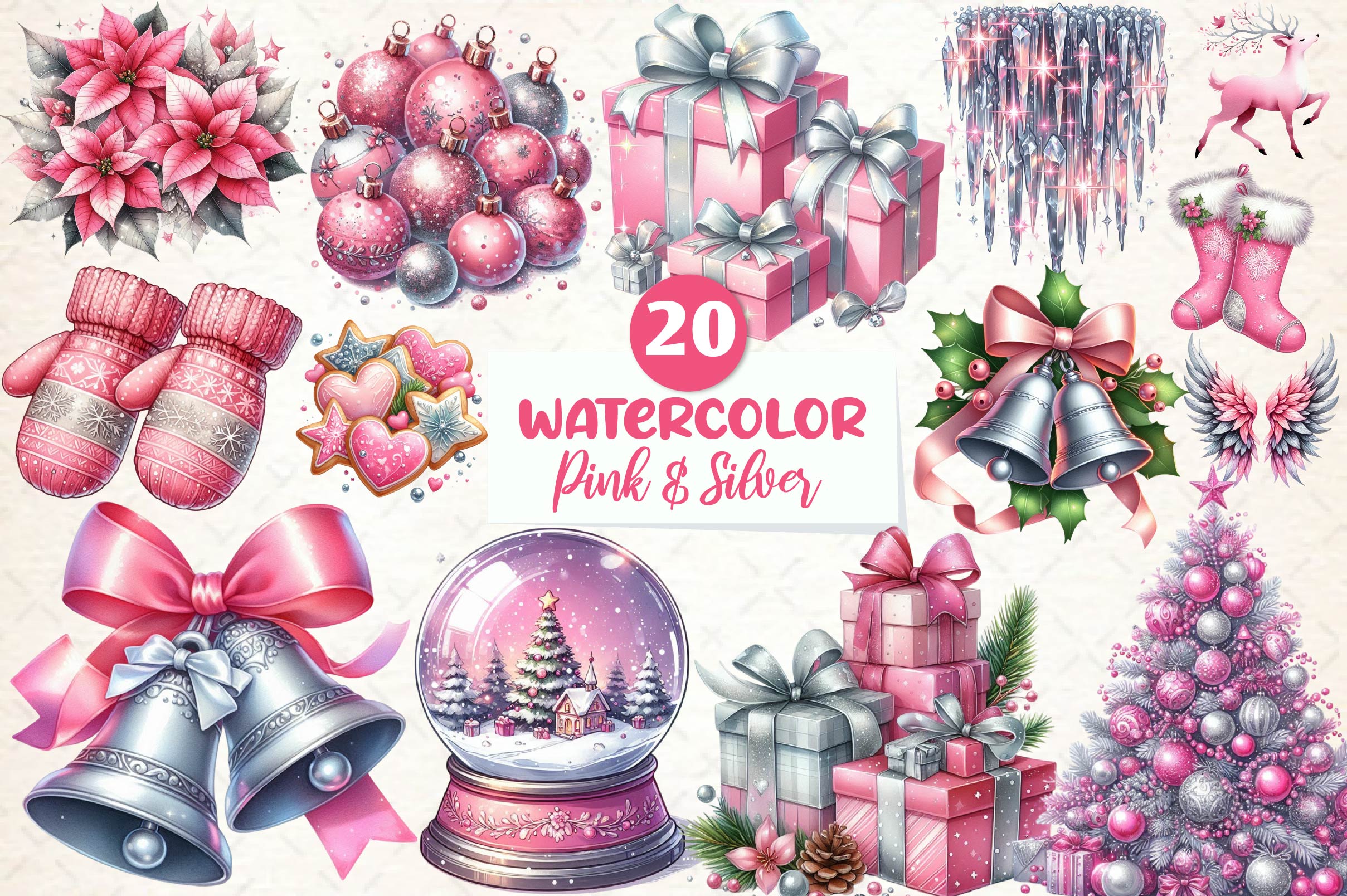 Pink Silver Christmas Clipart Bundle - CraftNest - Digital Crafting and Art