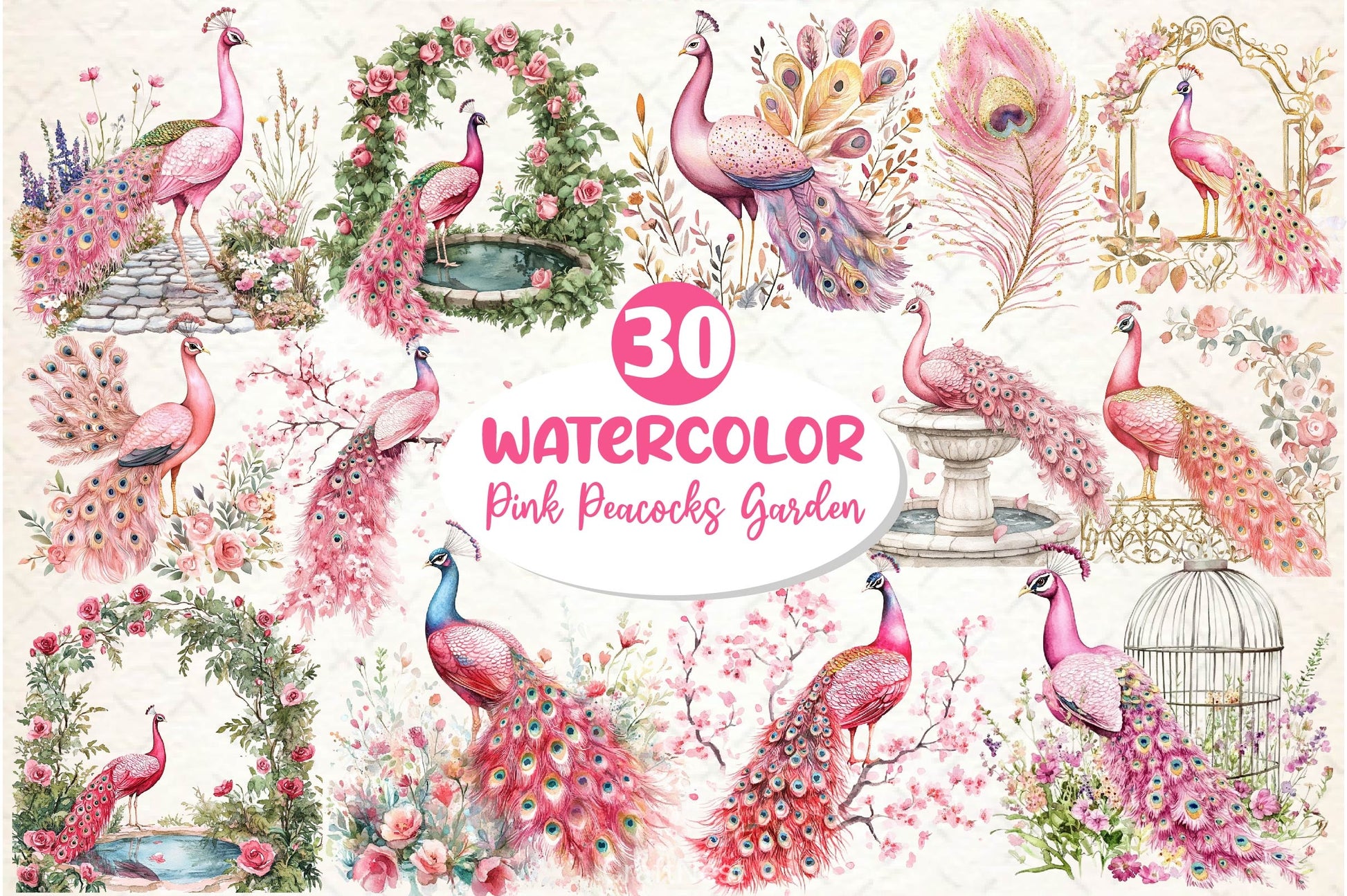 Pink Peacocks Garden Clipart Bundle 2 - CraftNest - Digital Crafting and Art