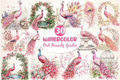 Pink Peacocks Garden Clipart Bundle 2 - CraftNest - Digital Crafting and Art