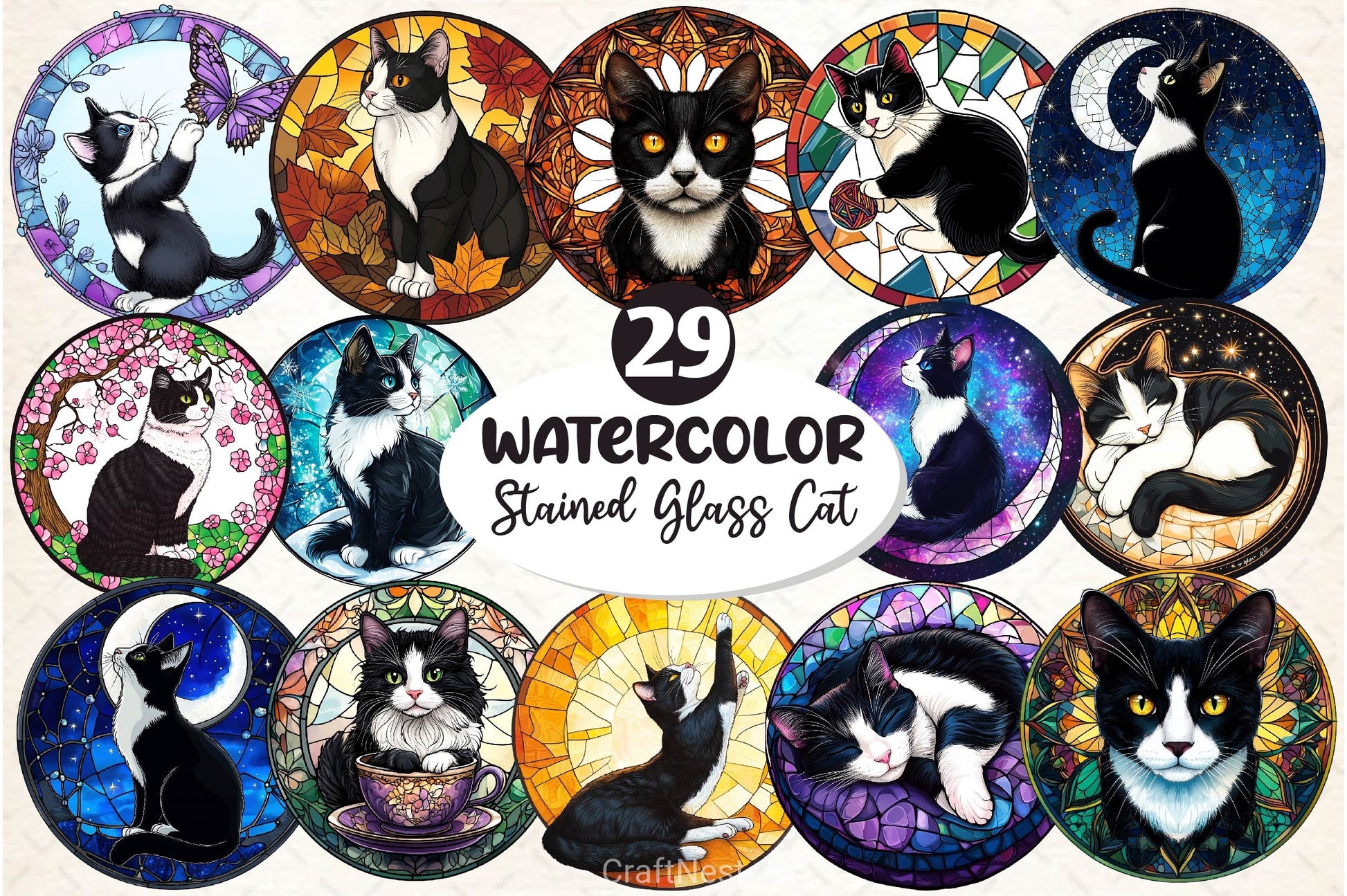 Round Stained Glass Tuxedo Cat Clipart Bundle 2 - CraftNest - Digital Crafting and Art