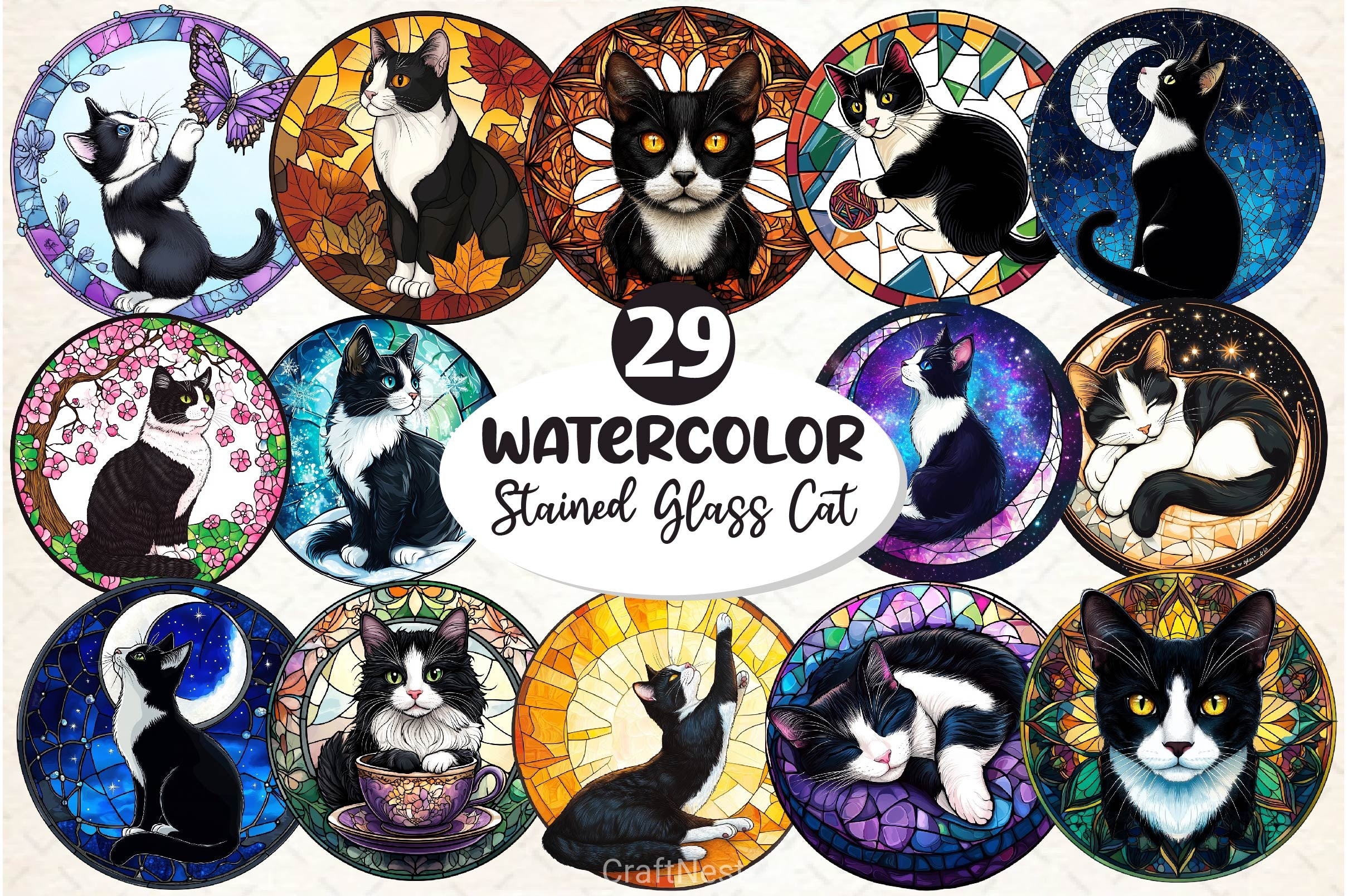 Round Stained Glass Tuxedo Cat Clipart Bundle 2 - CraftNest - Digital Crafting and Art