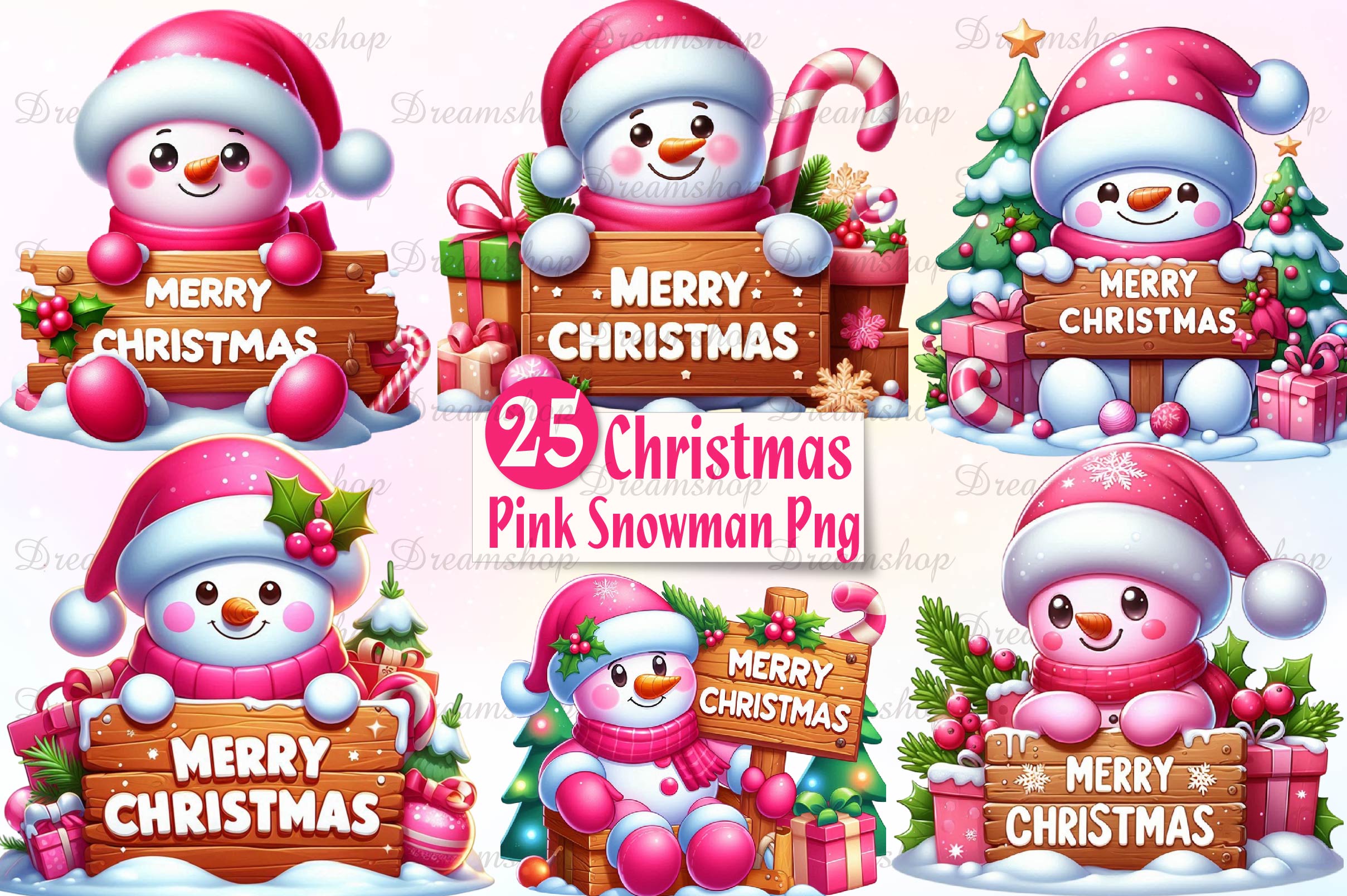 Cute Pink Christmas Snowman Clipart Bundle - CraftNest - Digital Crafting and Art