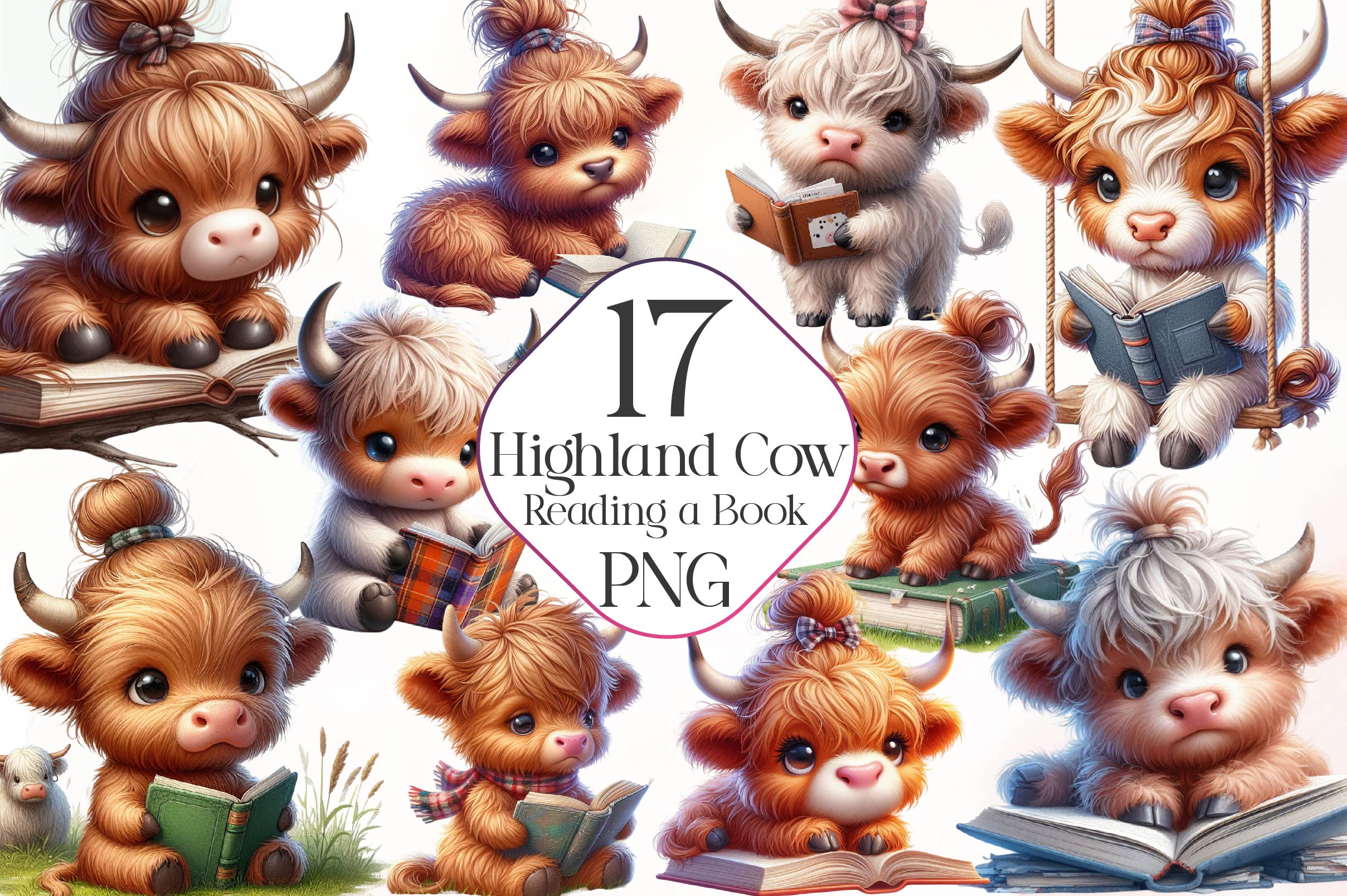 Highland Cow Reading A Book Clipart Bundle - CraftNest - Digital Crafting and Art