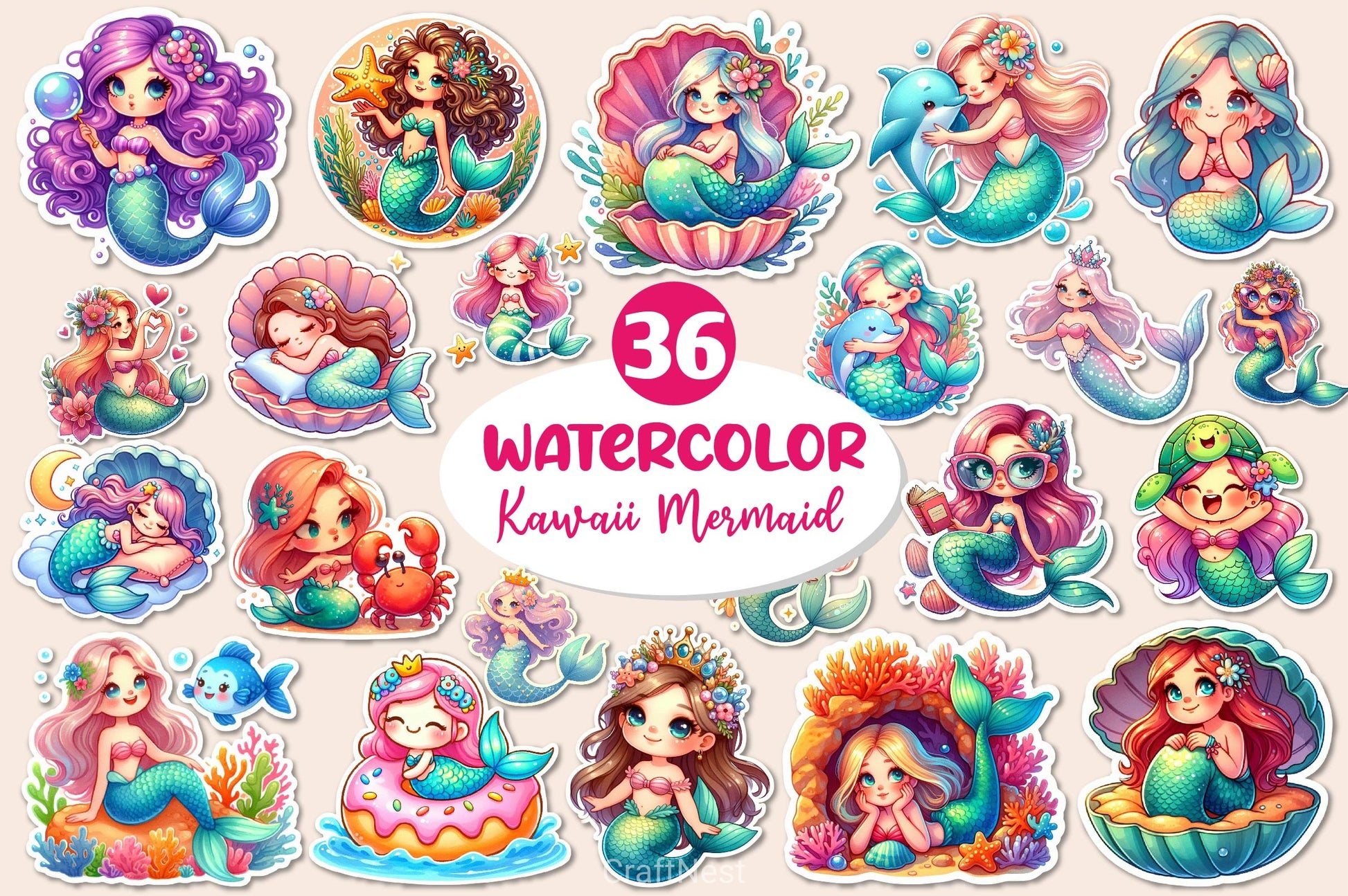 Kawaii Mermaid Clipart Bundle - CraftNest - Digital Crafting and Art
