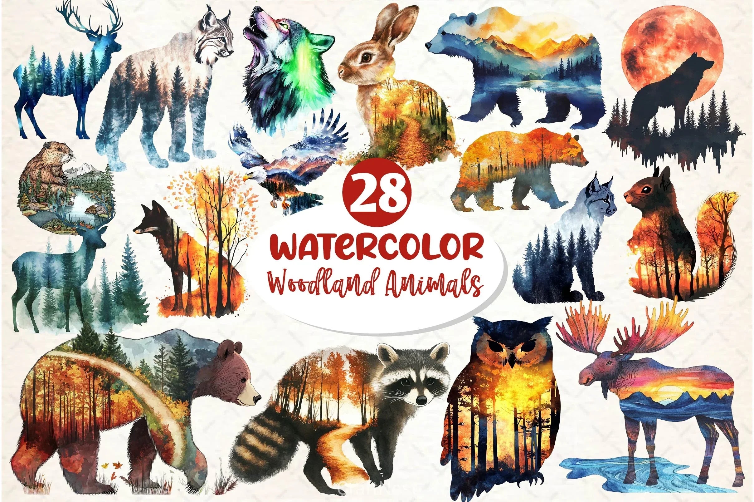 Double Exposure Woodland Animals Clipart Bundle 2 - CraftNest - Digital Crafting and Art