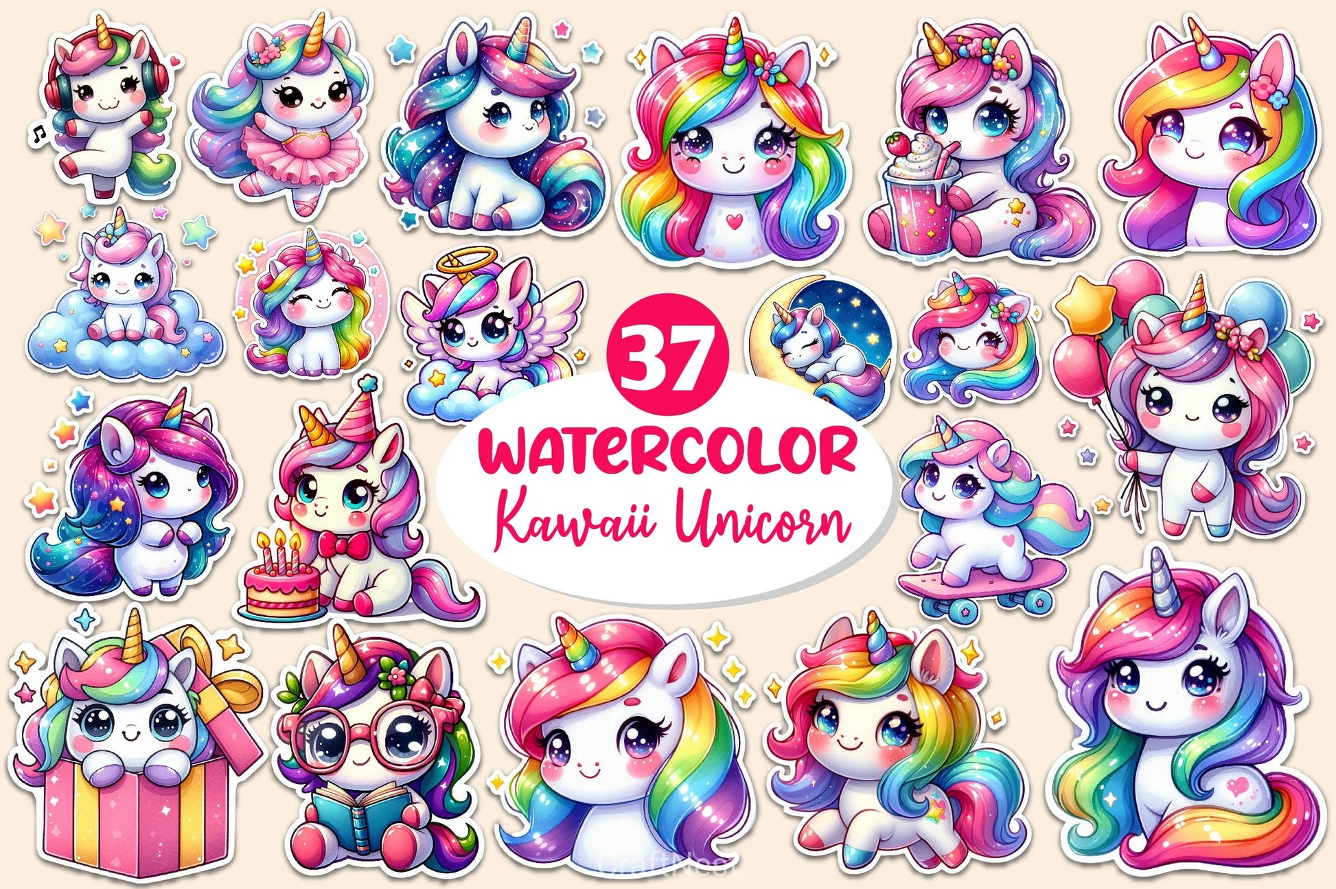 Kawaii Cute Unicorn Stickers Sticker Clipart Bundle - CraftNest - Digital Crafting and Art