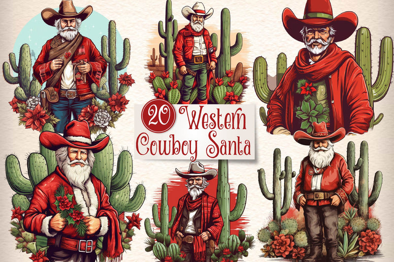 Vintage Western Cowboy Santa Clipart Bundle - CraftNest - Digital Crafting and Art
