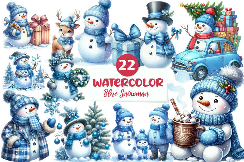 Blue Christmas Snowman Clipart Bundle - CraftNest - Digital Crafting and Art