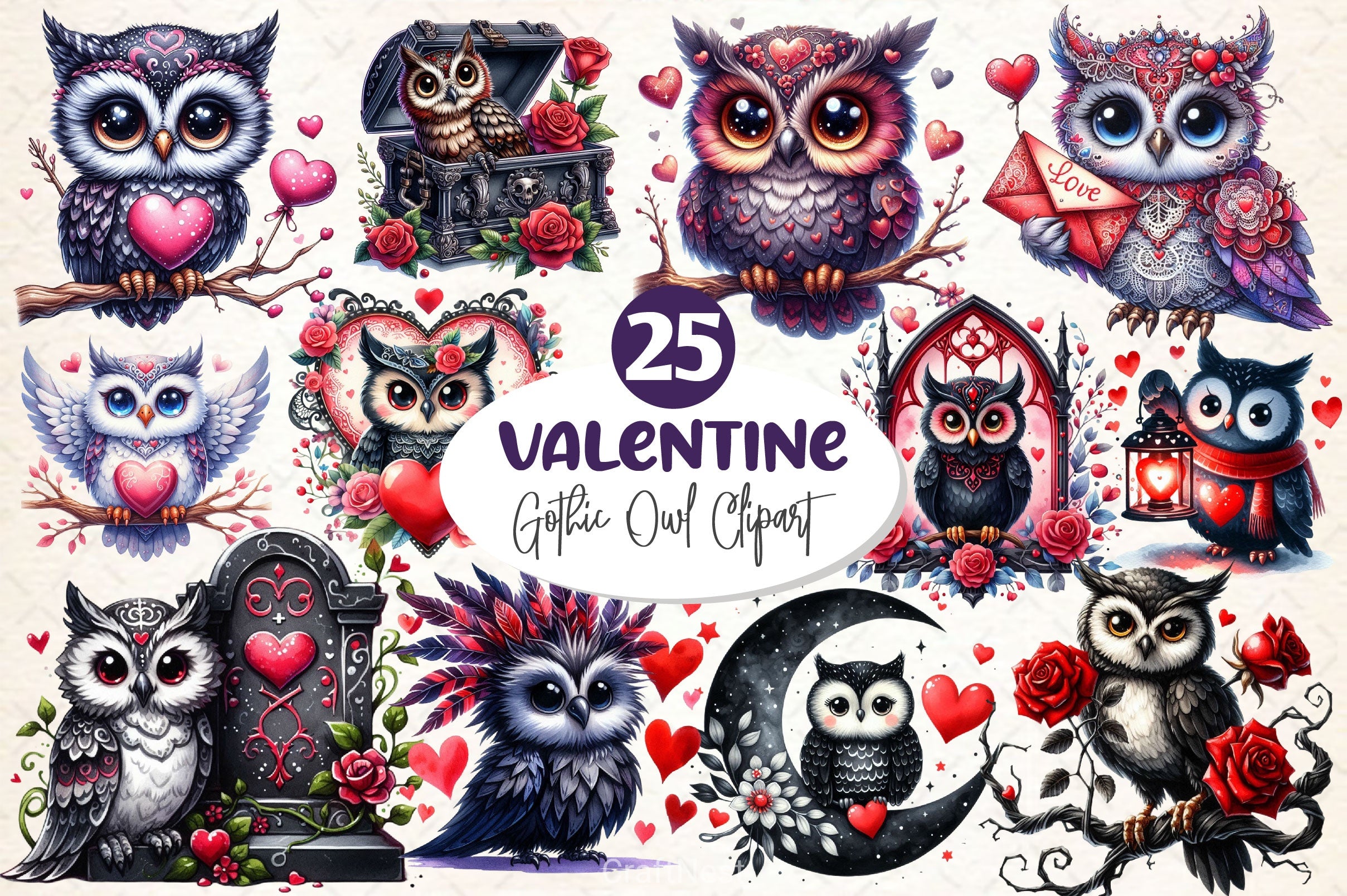 Valentine Gothic Owls Clipart Bundle 3 - CraftNest - Digital Crafting and Art