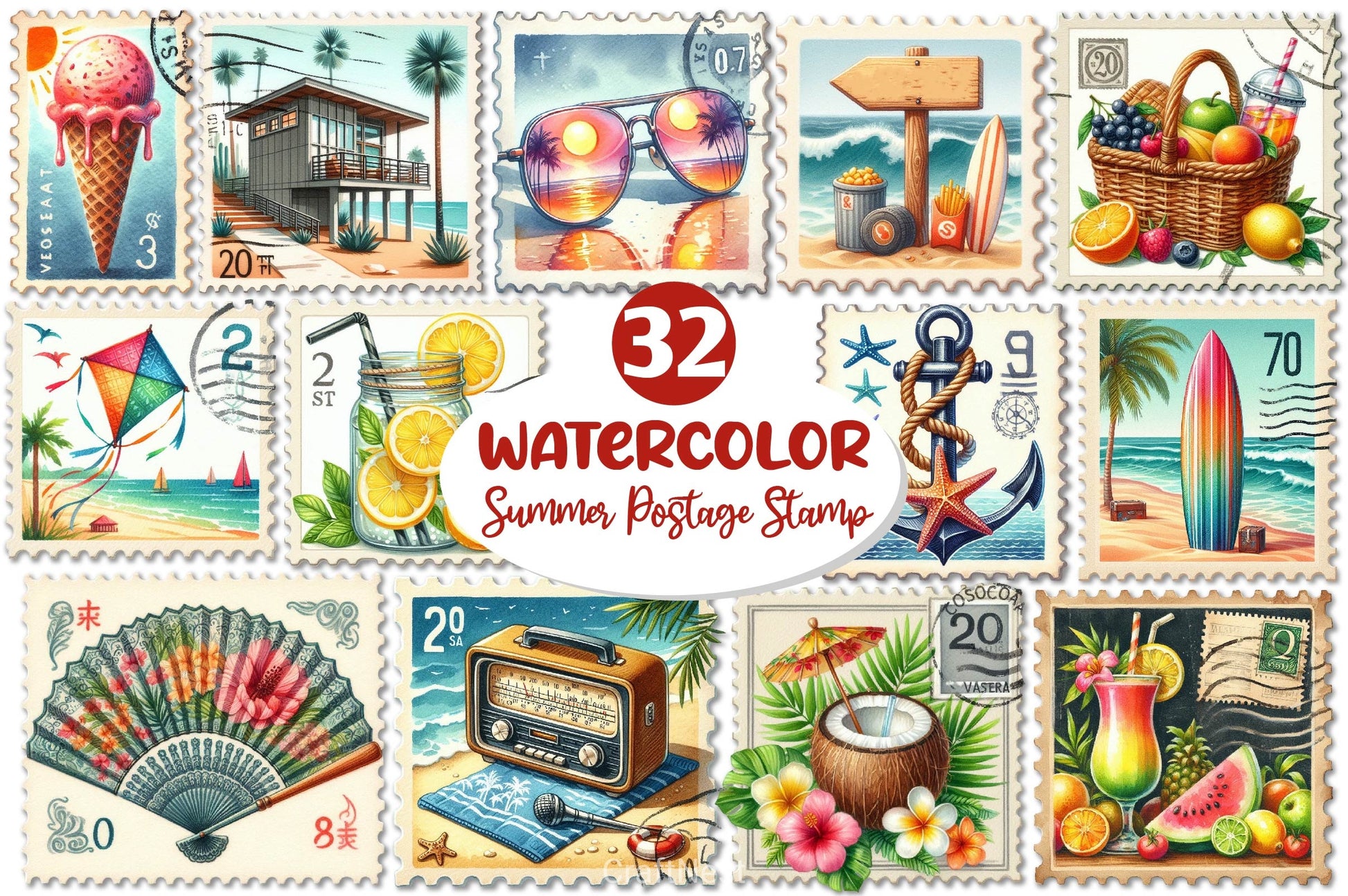 Summer Beach Postage Stamp Clipart Bundle - CraftNest - Digital Crafting and Art