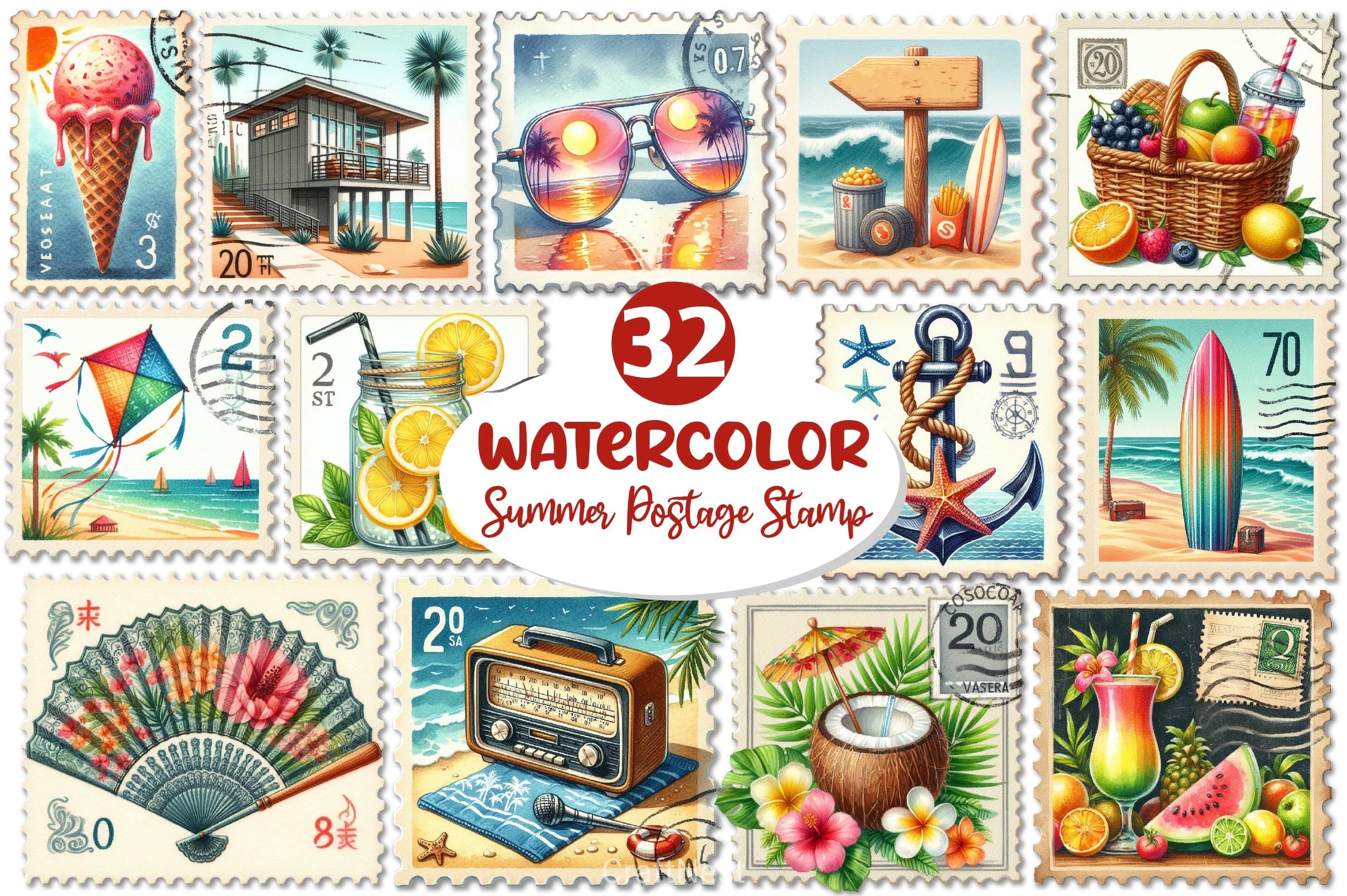 Summer Beach Postage Stamp Clipart Bundle - CraftNest - Digital Crafting and Art