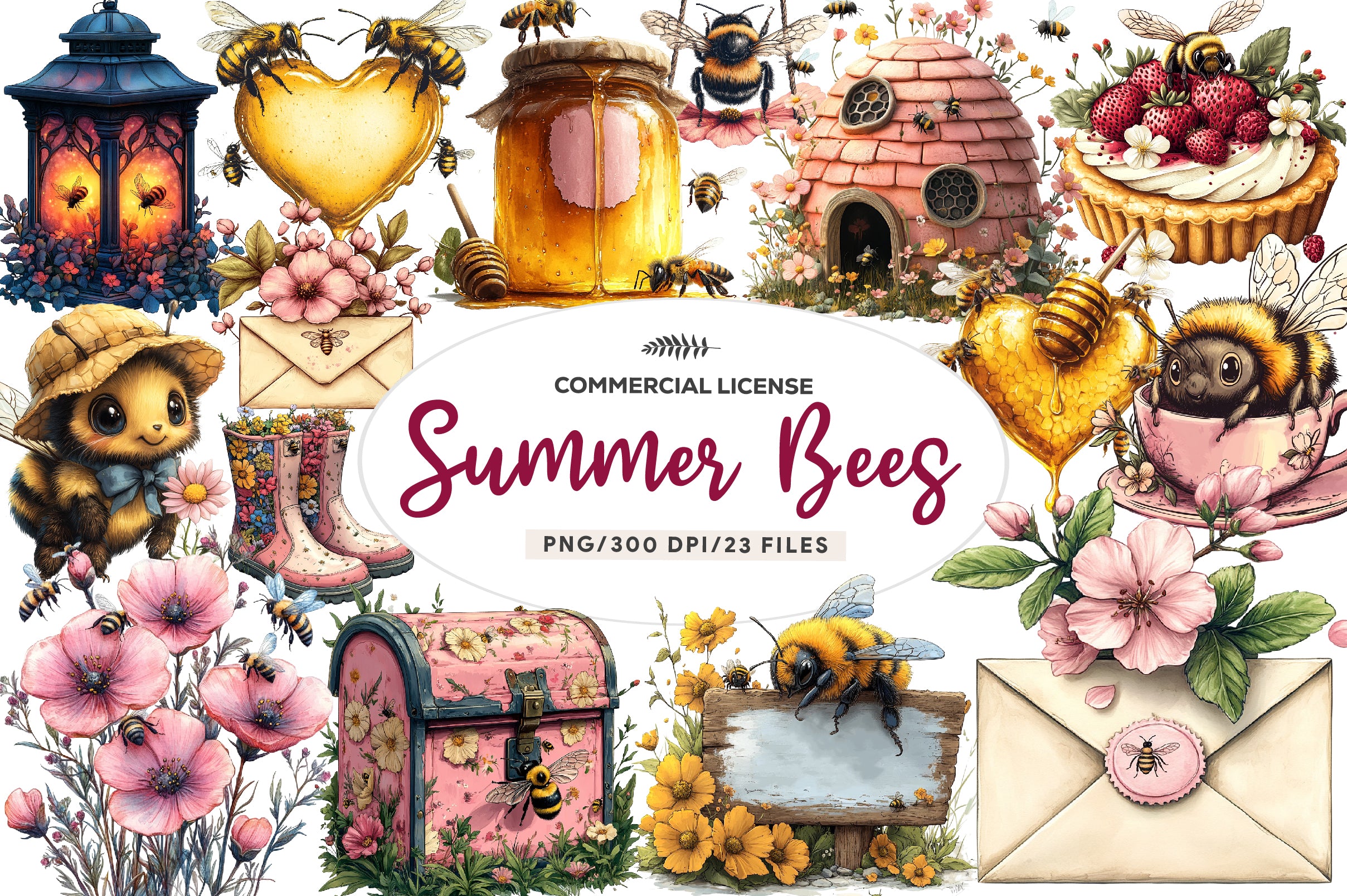 Pink Summer Bees Garden Clipart Bundle - CraftNest - Digital Crafting and Art