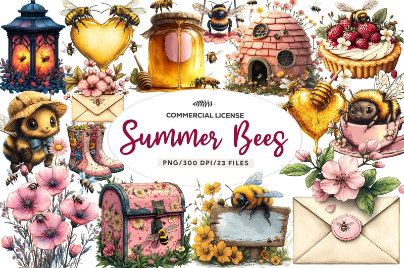 Pink Summer Bees Garden Clipart Bundle - CraftNest - Digital Crafting and Art