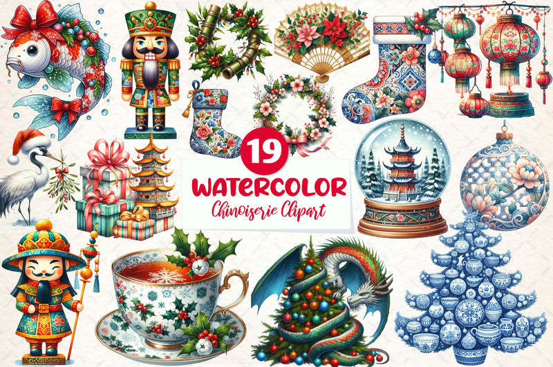 Chinoiserie Christmas Clipart Bundle - CraftNest - Digital Crafting and Art