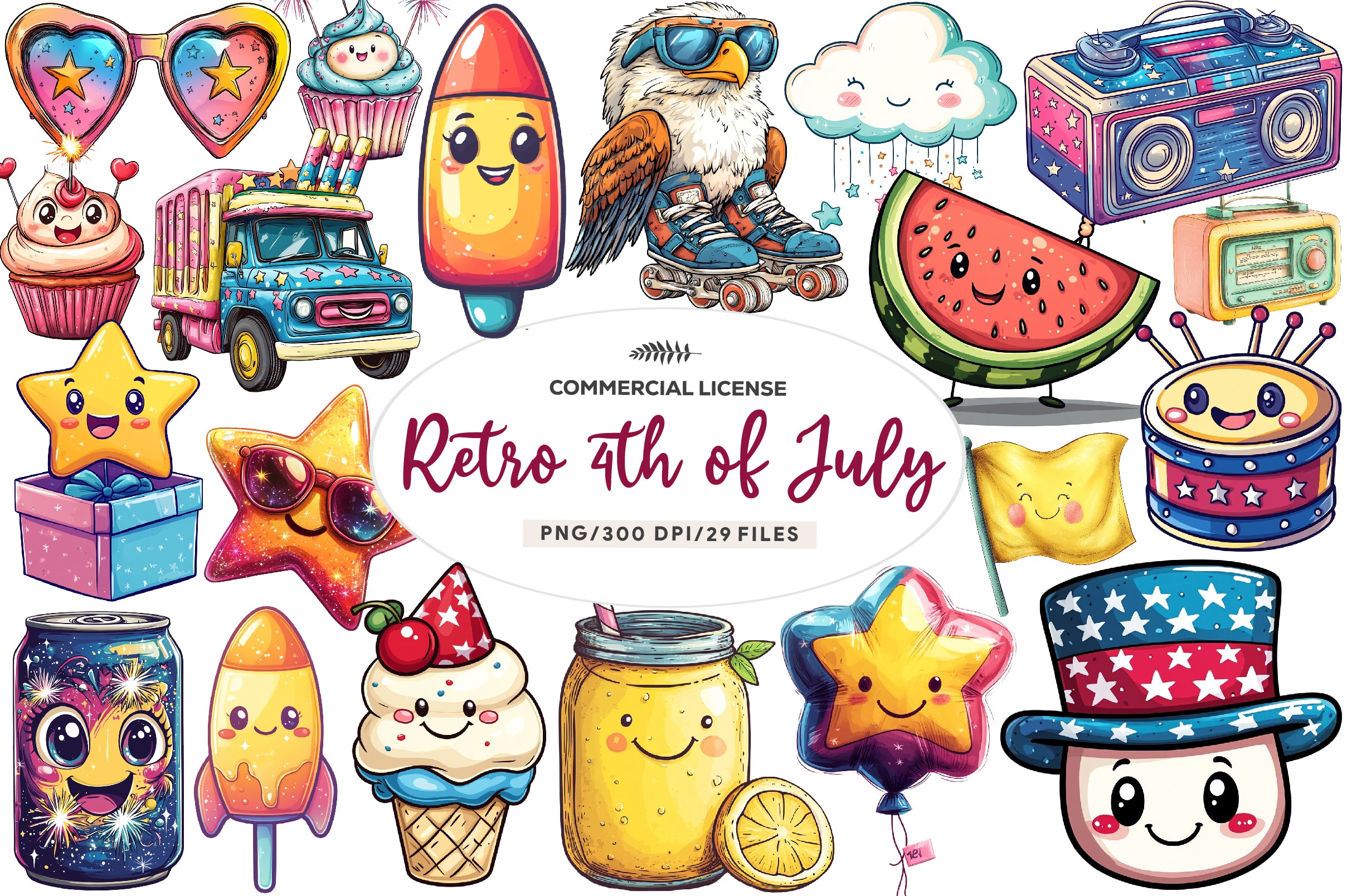 Kawaii Retro 4th Of July Clipart Bundle - CraftNest - Digital Crafting and Art