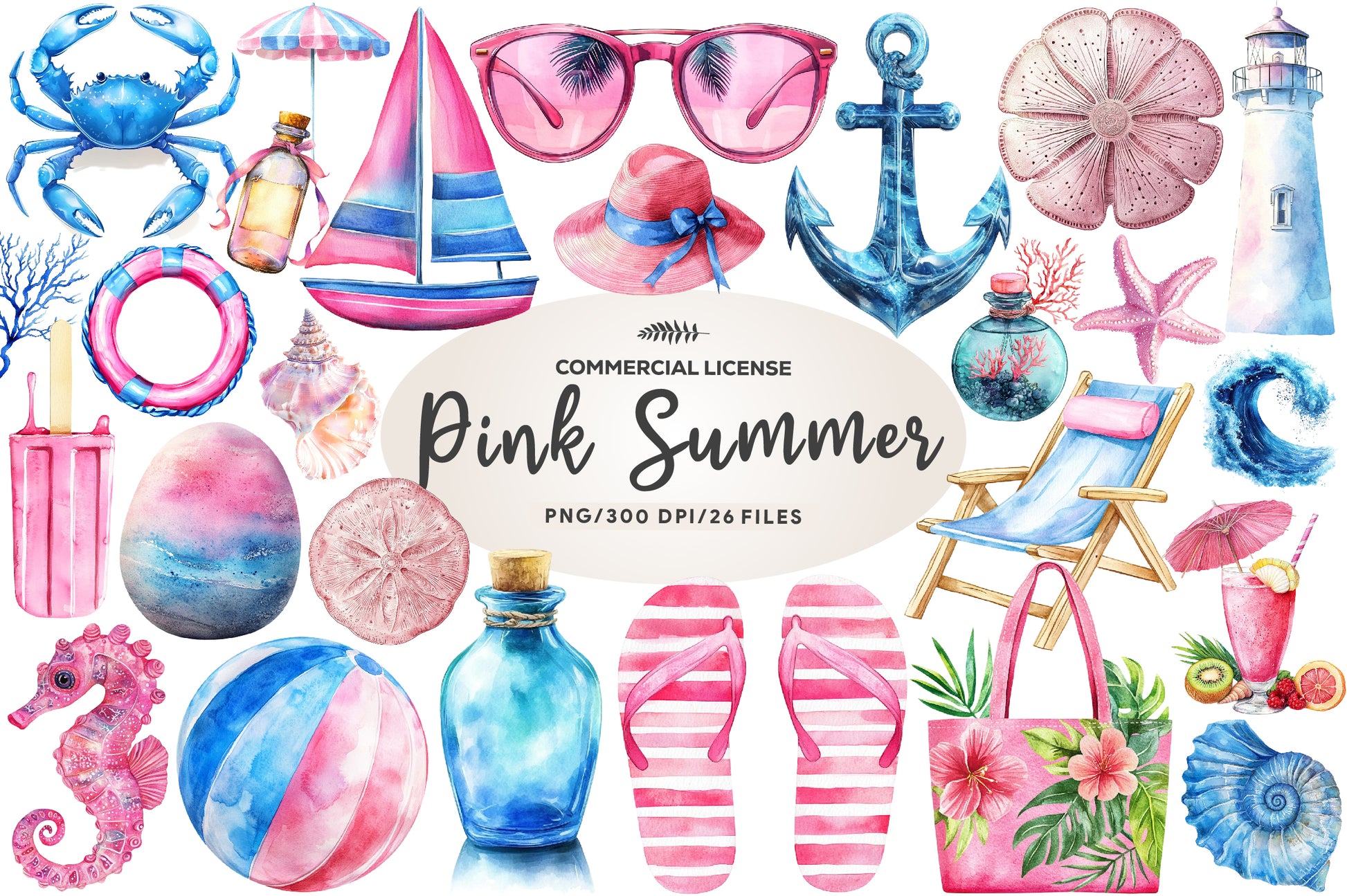Summer Pink & Blue Coastal Clipart Bundle - CraftNest - Digital Crafting and Art