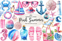Summer Pink & Blue Coastal Clipart Bundle - CraftNest - Digital Crafting and Art