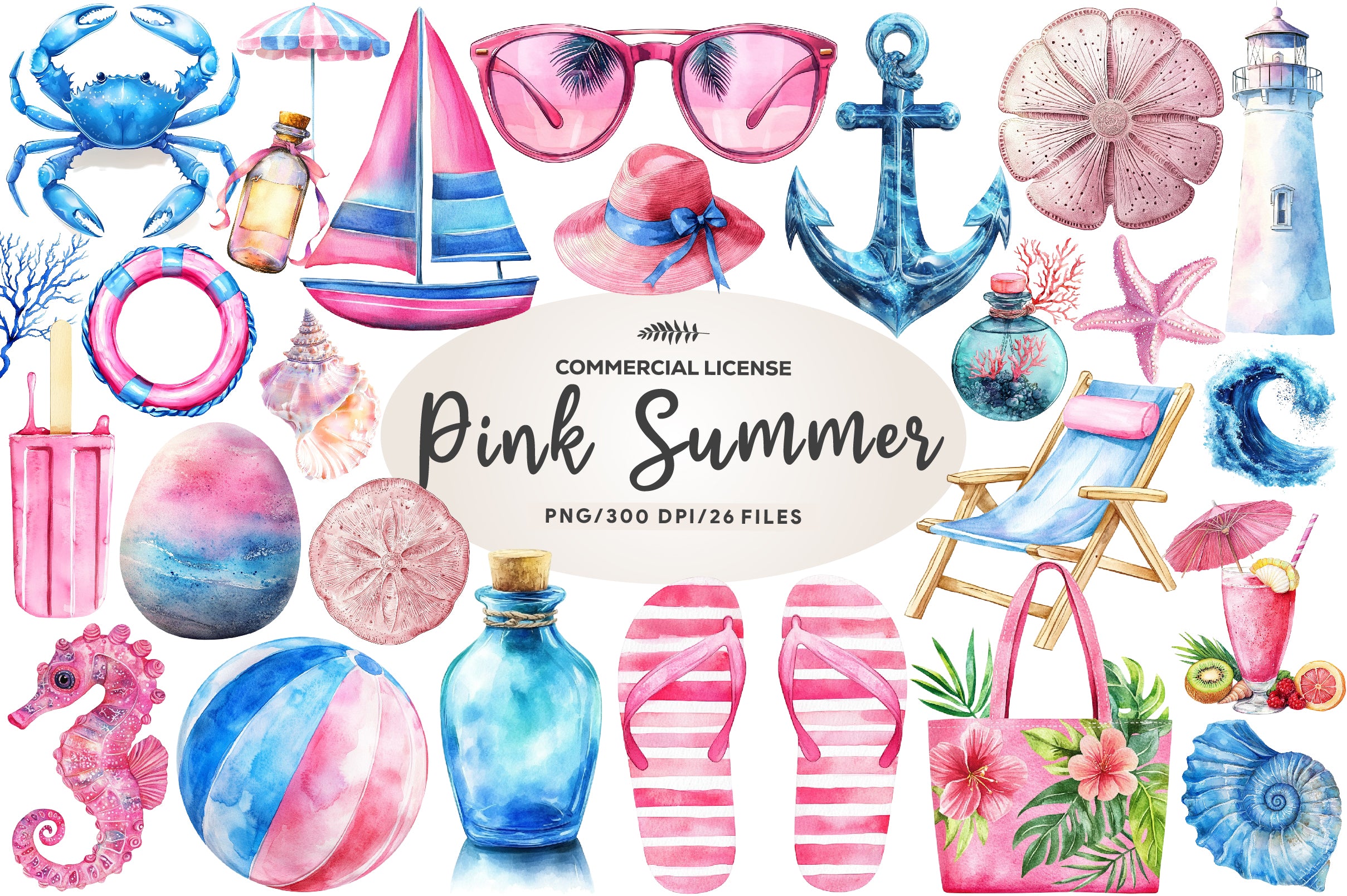 Summer Pink & Blue Coastal Clipart Bundle - CraftNest - Digital Crafting and Art