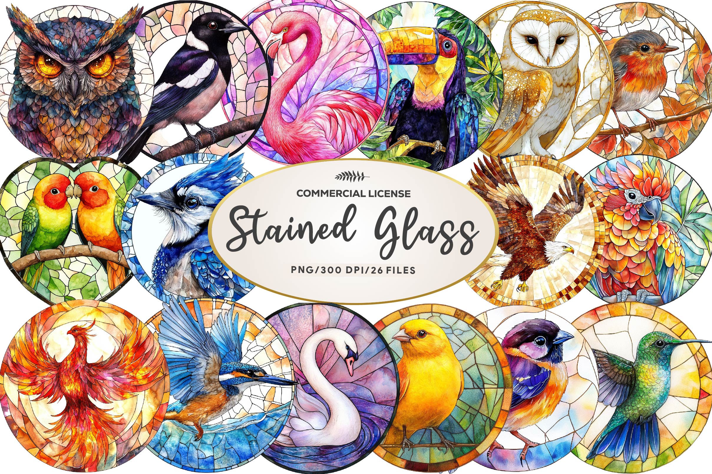 Round Stained Glass Birds Clipart Bundle - CraftNest - Digital Crafting and Art