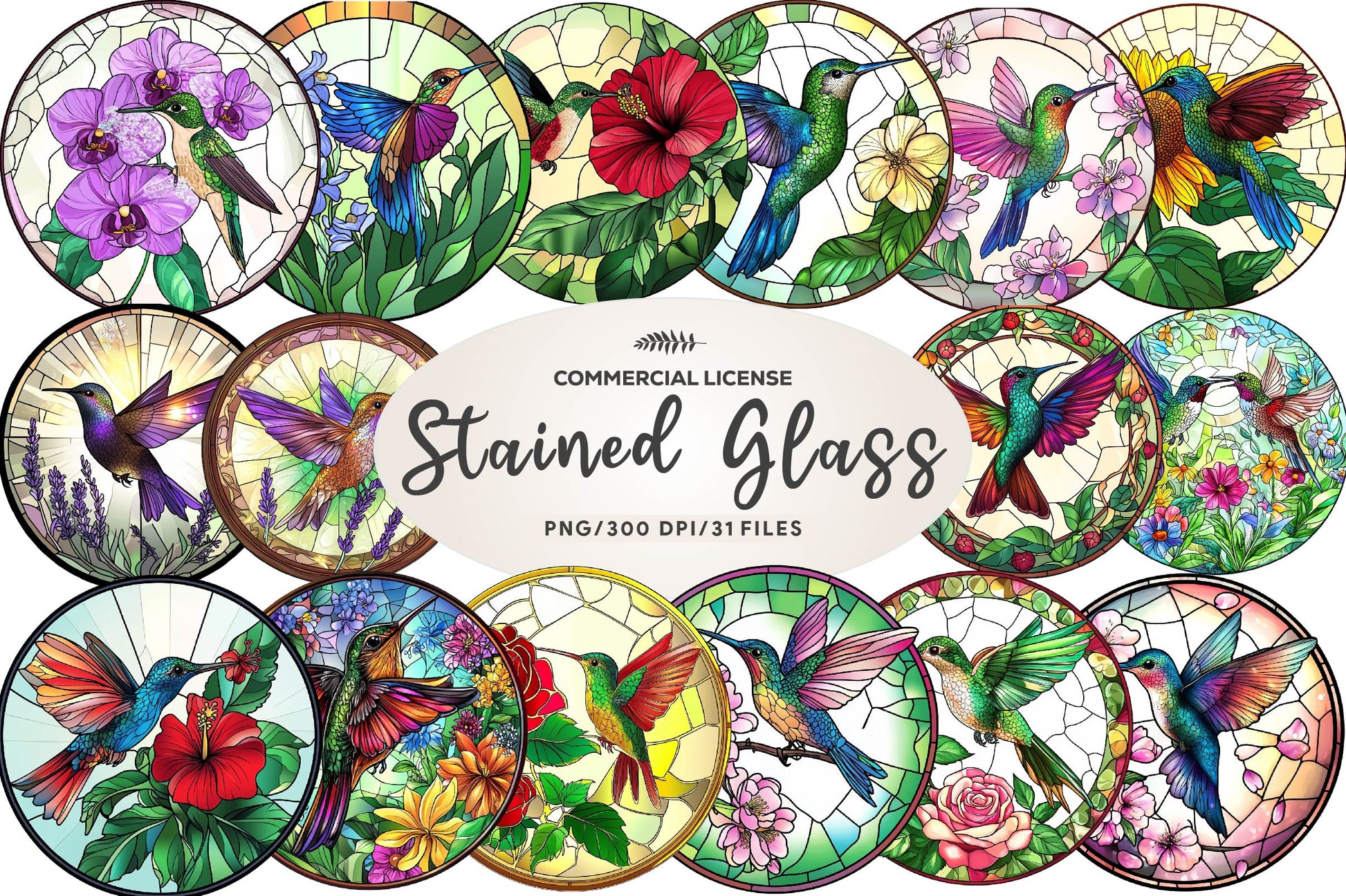 Hummingbird & Flowers Round Stained Glass Art Clipart Bundle - CraftNest - Digital Crafting and Art