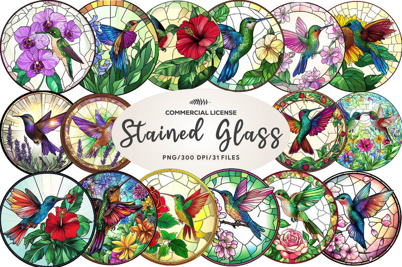Hummingbird & Flowers Round Stained Glass Art Clipart Bundle - CraftNest - Digital Crafting and Art