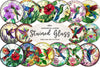 Hummingbird & Flowers Round Stained Glass Art Clipart Bundle
