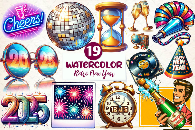 Retro New Year Clipart Bundle - CraftNest - Digital Crafting and Art