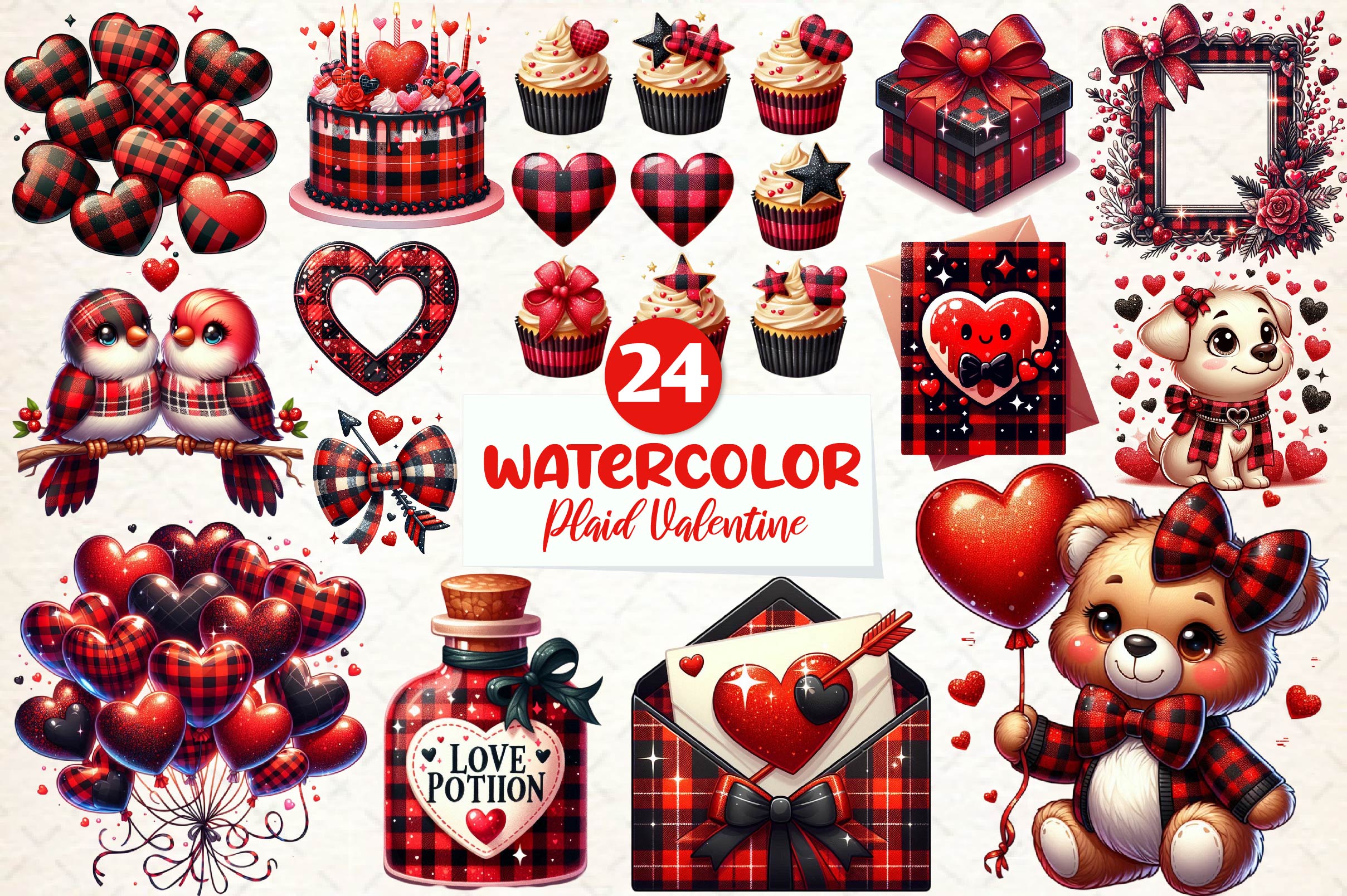 Red & Black Glitter Plaid Valentine Clipart Bundle - CraftNest - Digital Crafting and Art