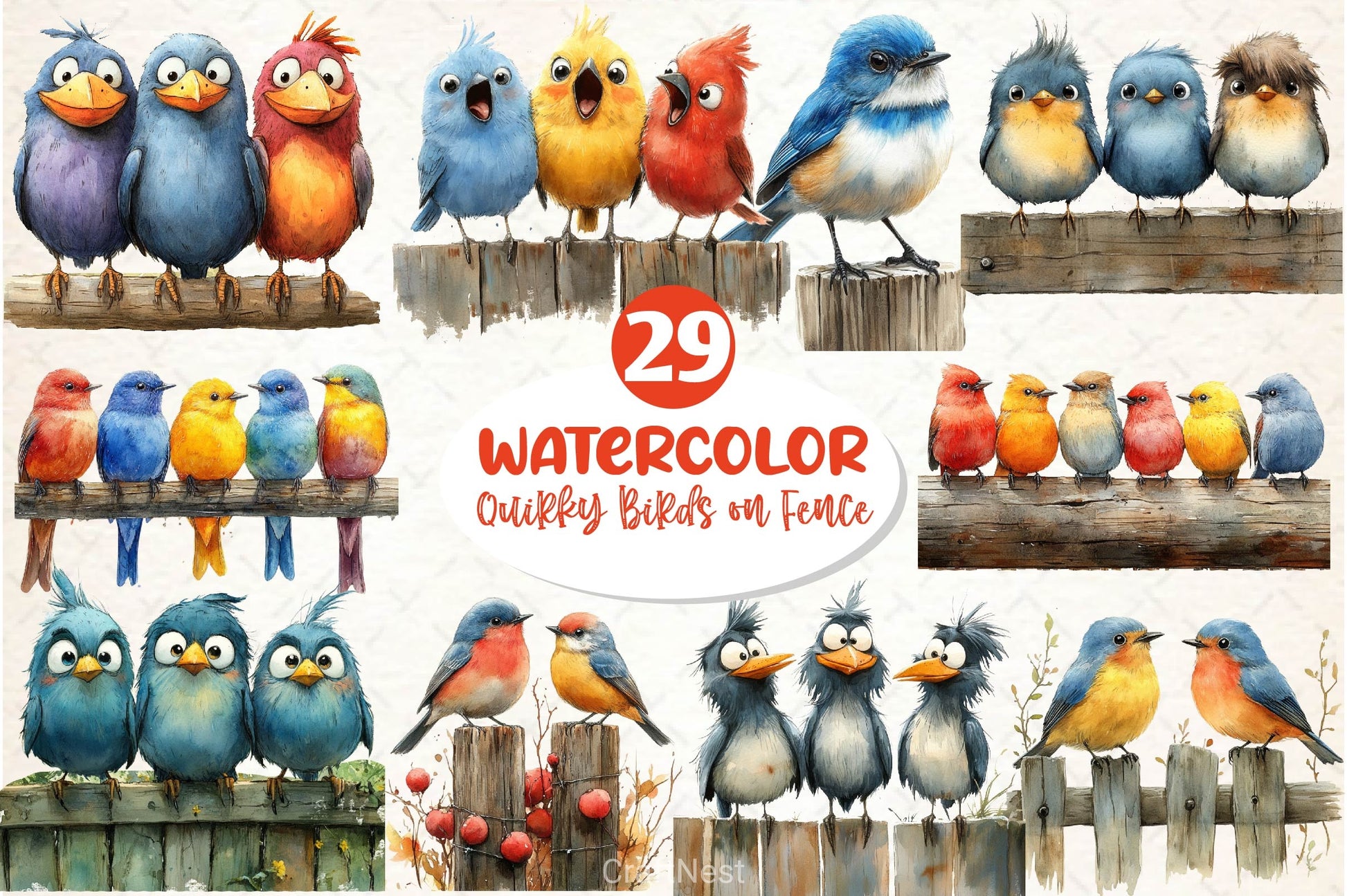 Quirky Birds On Fence Clipart Bundle - CraftNest - Digital Crafting and Art