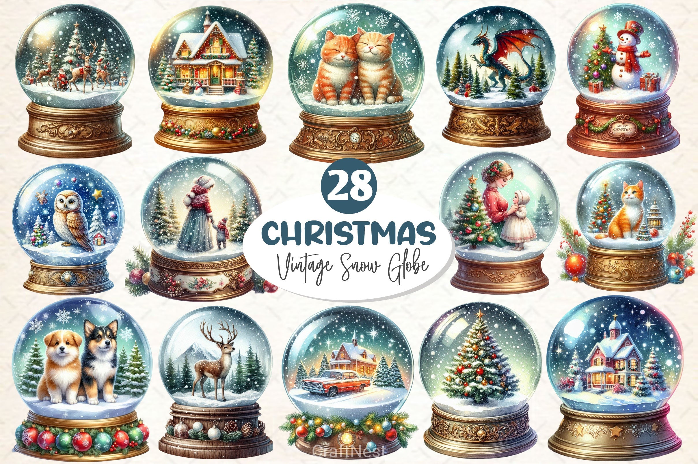 Vintage Christmas Snow Globe Clipart Bundle - CraftNest - Digital Crafting and Art