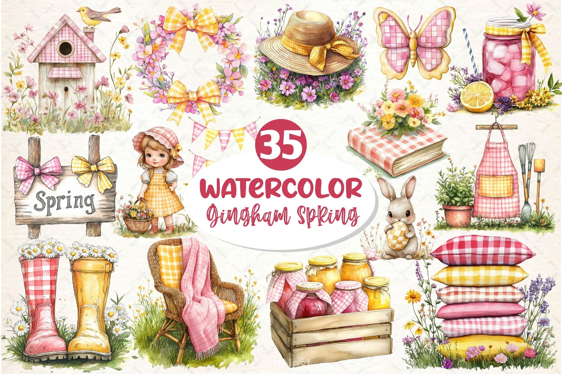 Yellow & Pink Gingham Spring Clipart Bundle - CraftNest - Digital Crafting and Art