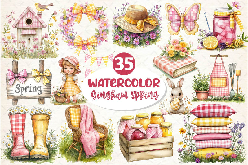 Yellow & Pink Gingham Spring Clipart Bundle - CraftNest - Digital Crafting and Art