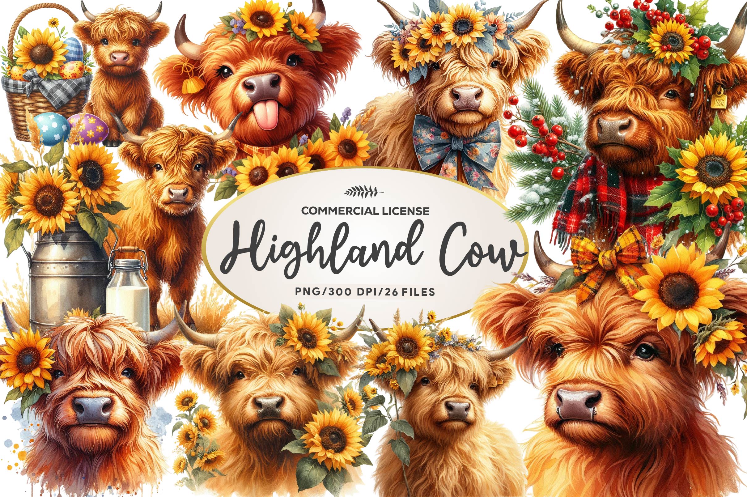 Sunflower Highland Cow Clipart Bundle - CraftNest - Digital Crafting and Art