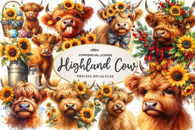 Sunflower Highland Cow Clipart Bundle - CraftNest - Digital Crafting and Art
