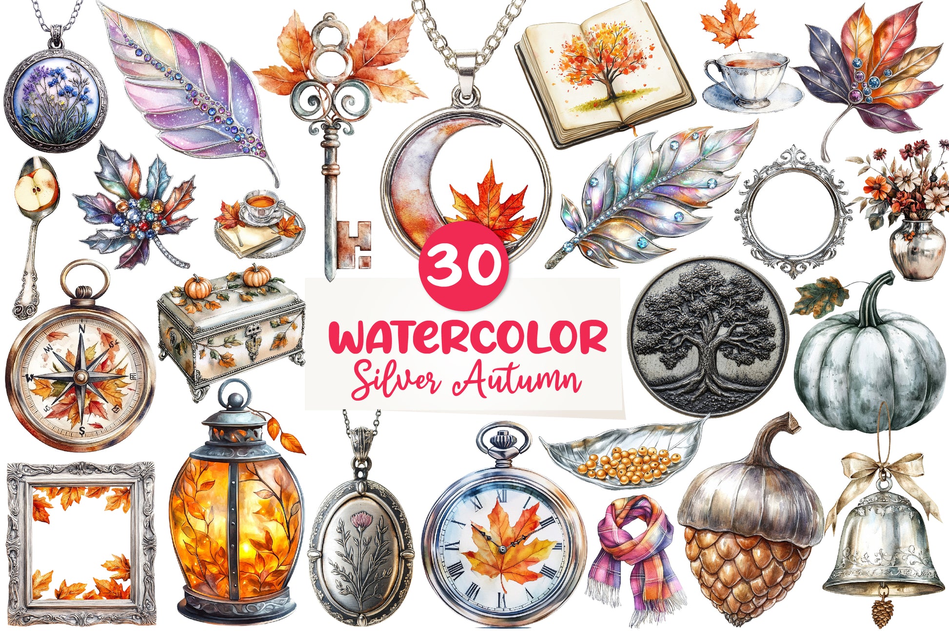 Silver Vintage Aesthetic Autumn Clipart Bundle - CraftNest - Digital Crafting and Art
