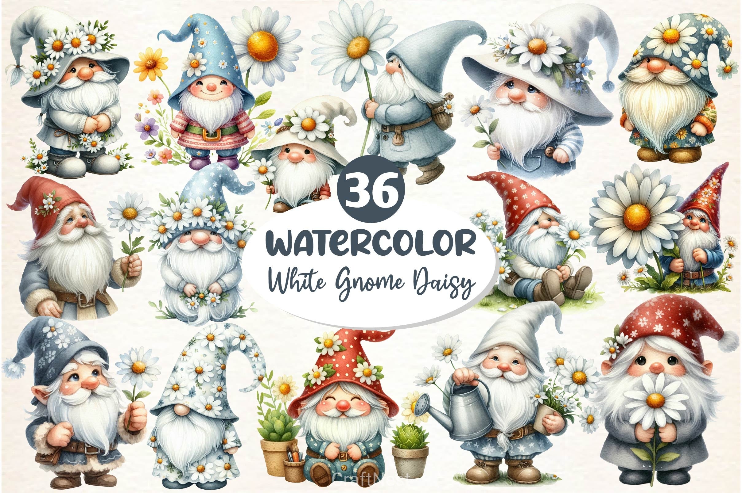 White Gnome Daisy Clipart Bundle 2 - CraftNest - Digital Crafting and Art
