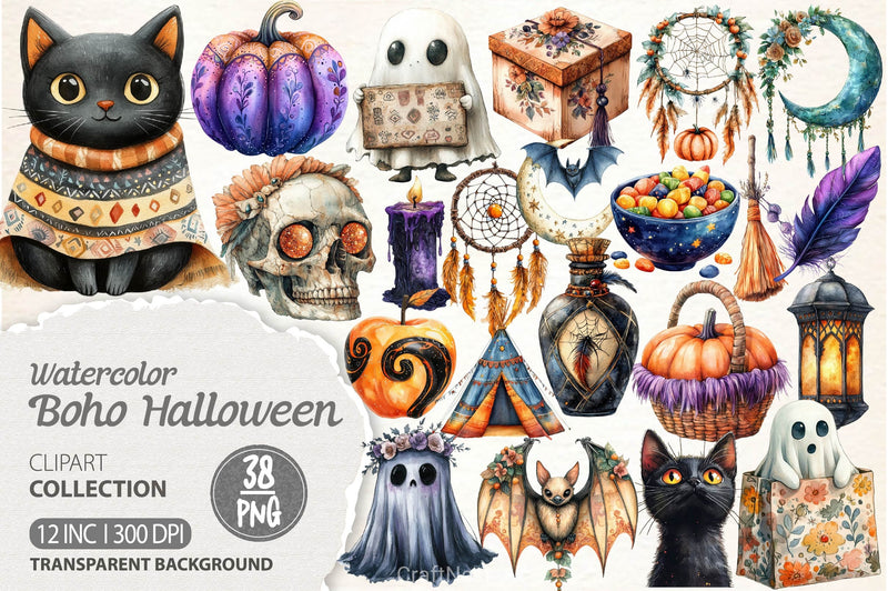 Boho Halloween Trick Or Treat Clipart Bundle 2 - CraftNest - Digital Crafting and Art