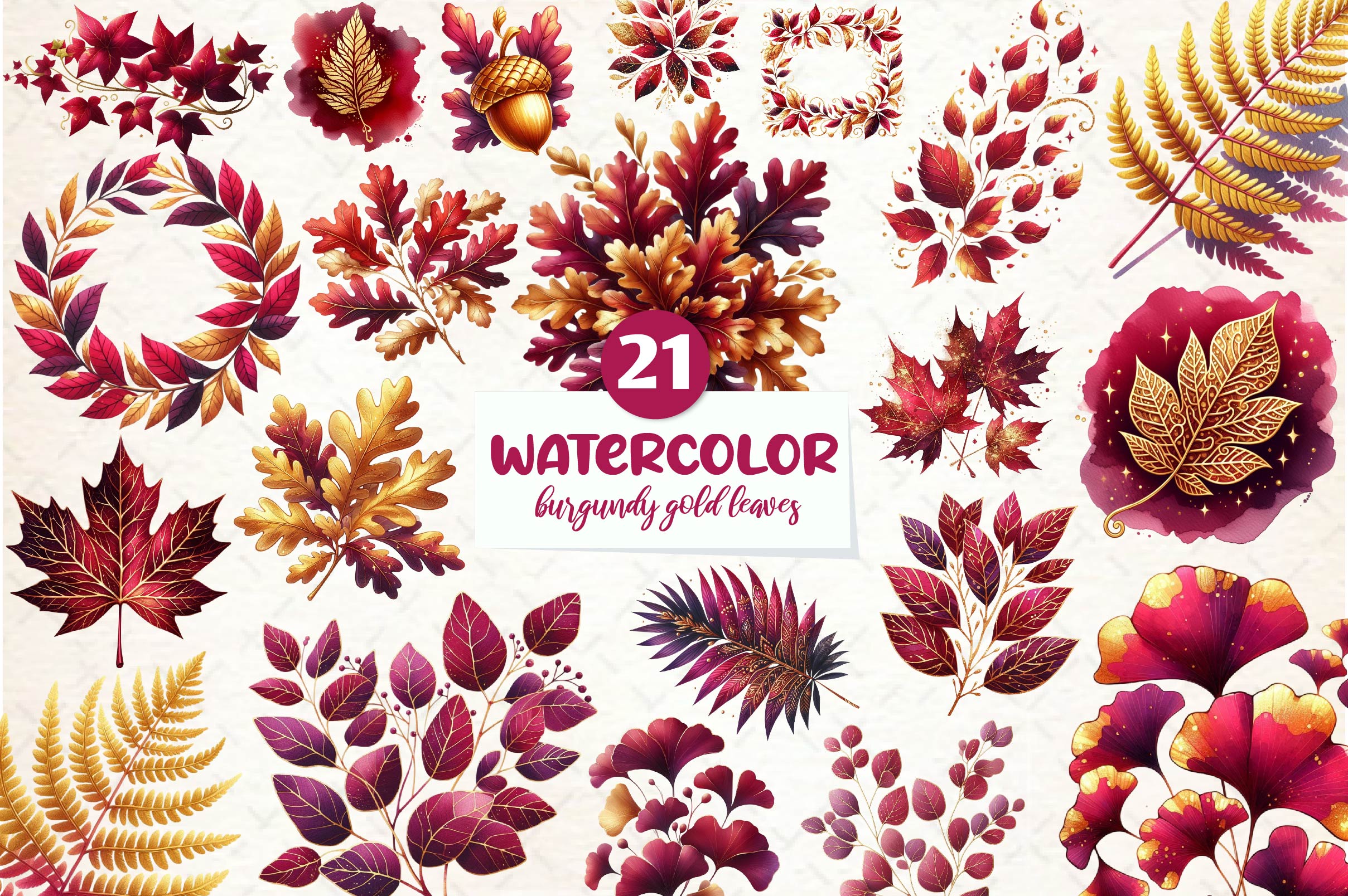 Burgundy And Gold Leaves Clipart Bundle - CraftNest - Digital Crafting and Art