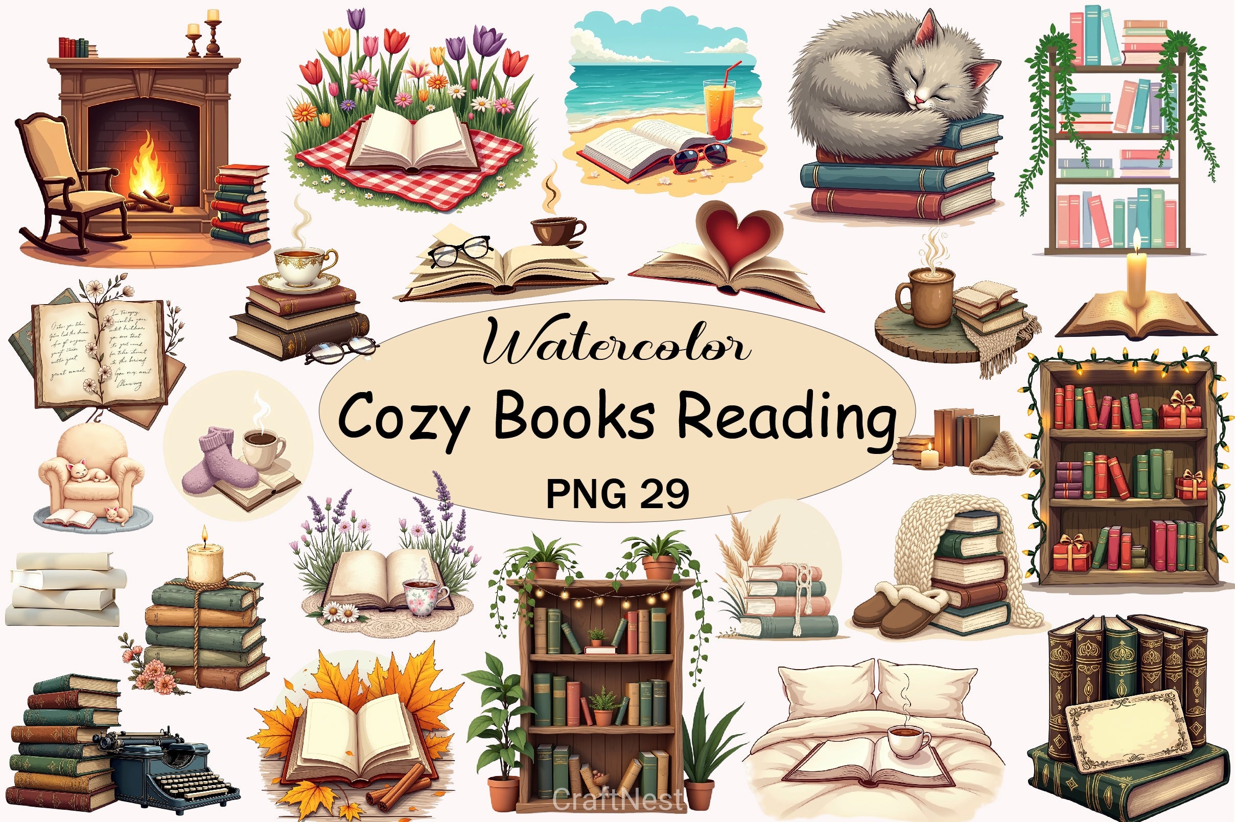 Cozy Books Reading Nook Clipart Bundle - CraftNest - Digital Crafting and Art