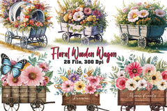 Floral Wooden Wagon Clipart Bundle - CraftNest - Digital Crafting and Art