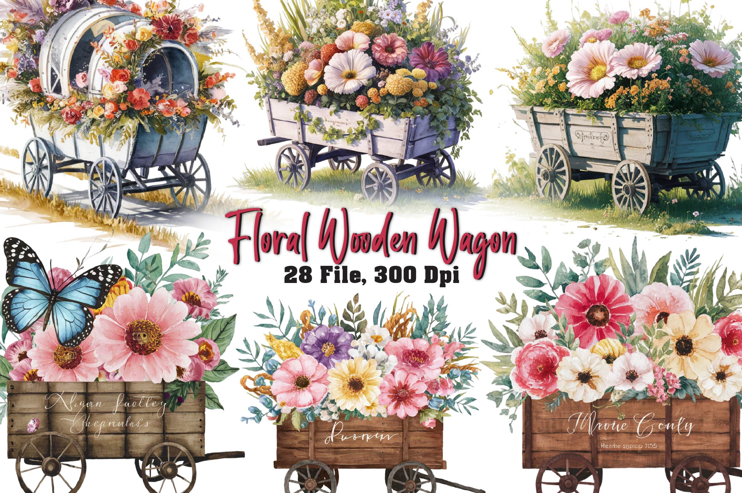 Floral Wooden Wagon Clipart Bundle - CraftNest - Digital Crafting and Art