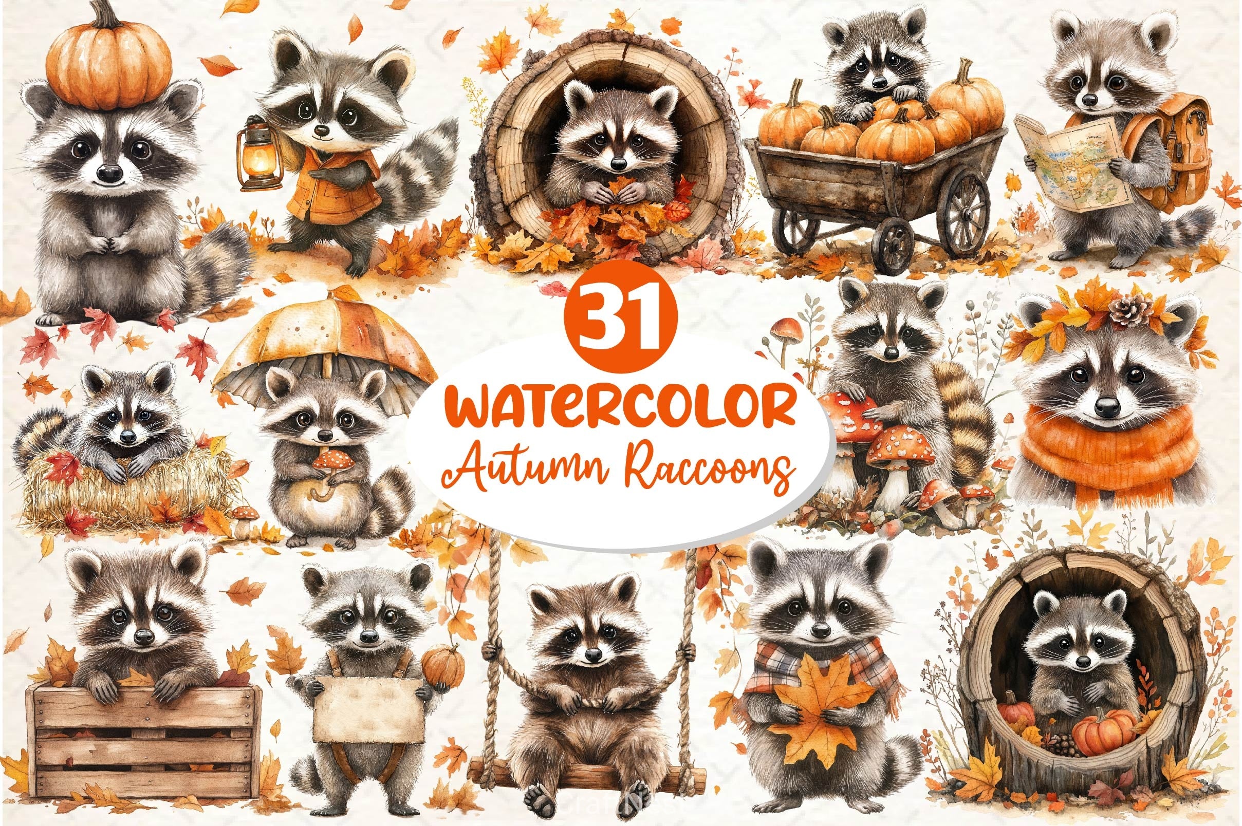 Autumn Raccoons Clipart Bundle 3 - CraftNest - Digital Crafting and Art
