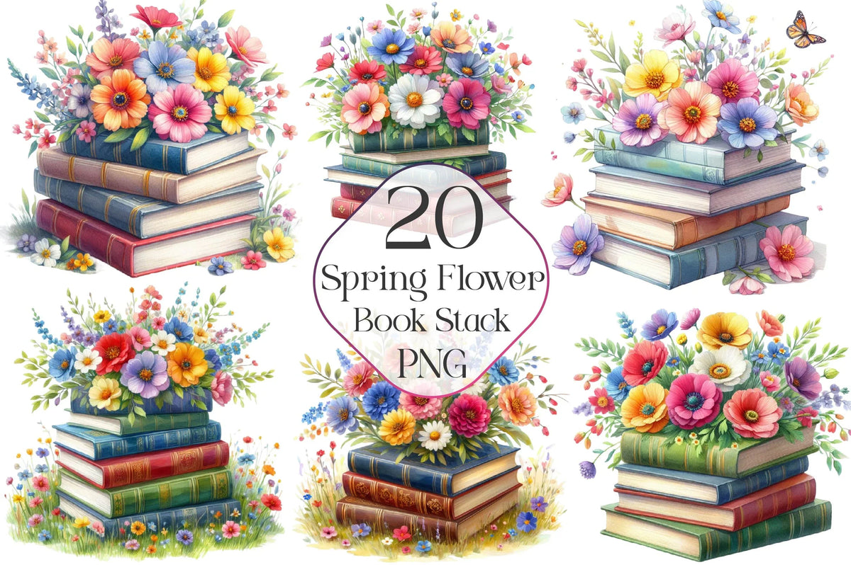 Spring Books Sign Spring Flower Book Stack Clipart Bundle
