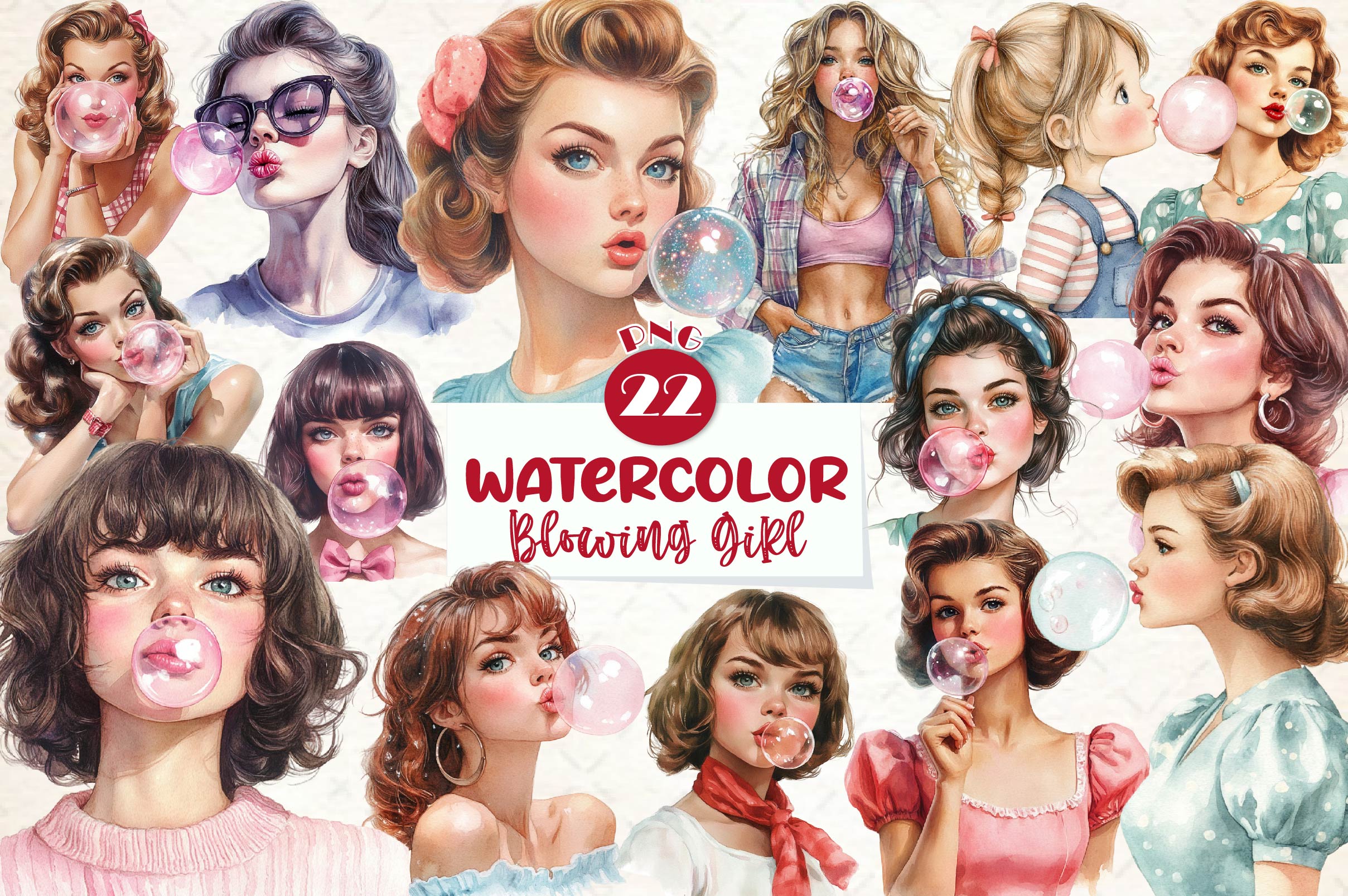 Retro Girl Blowing A Bubblegum Clipart Bundle - CraftNest - Digital Crafting and Art