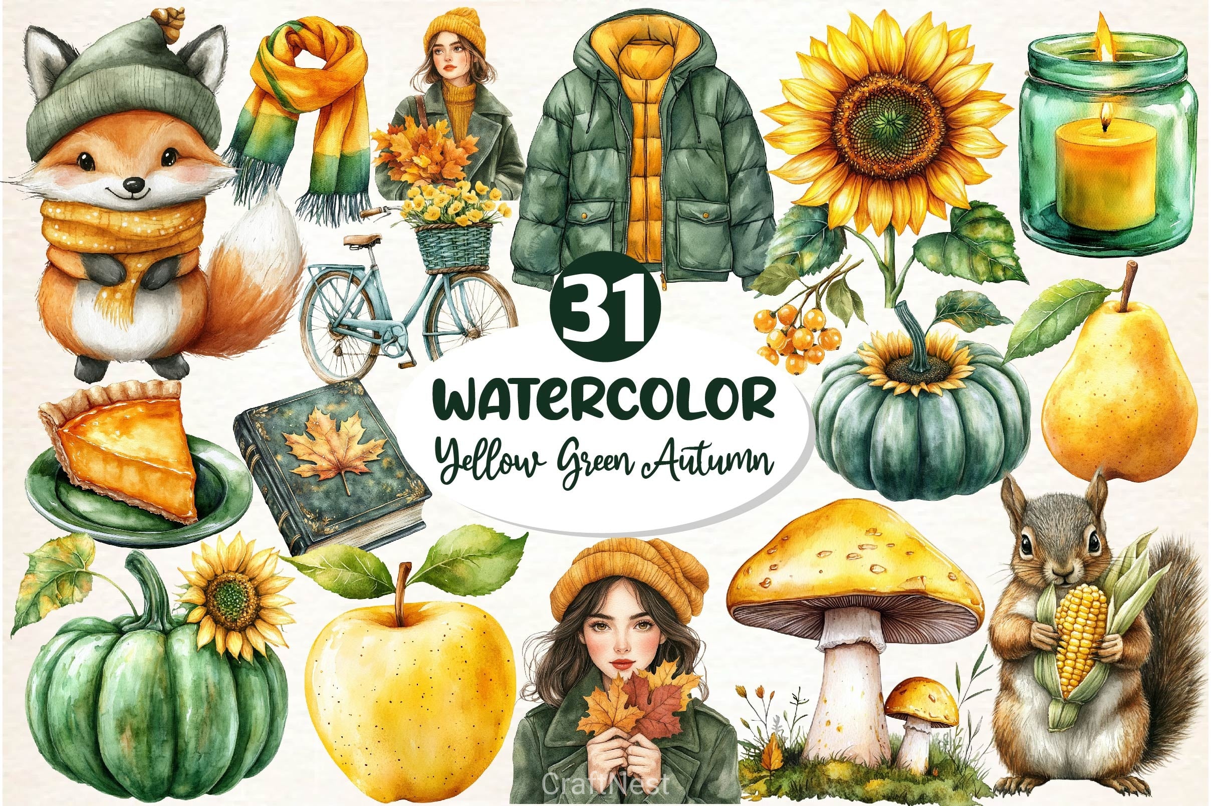 Yellow & Green Autumn Clipart Bundle - CraftNest - Digital Crafting and Art