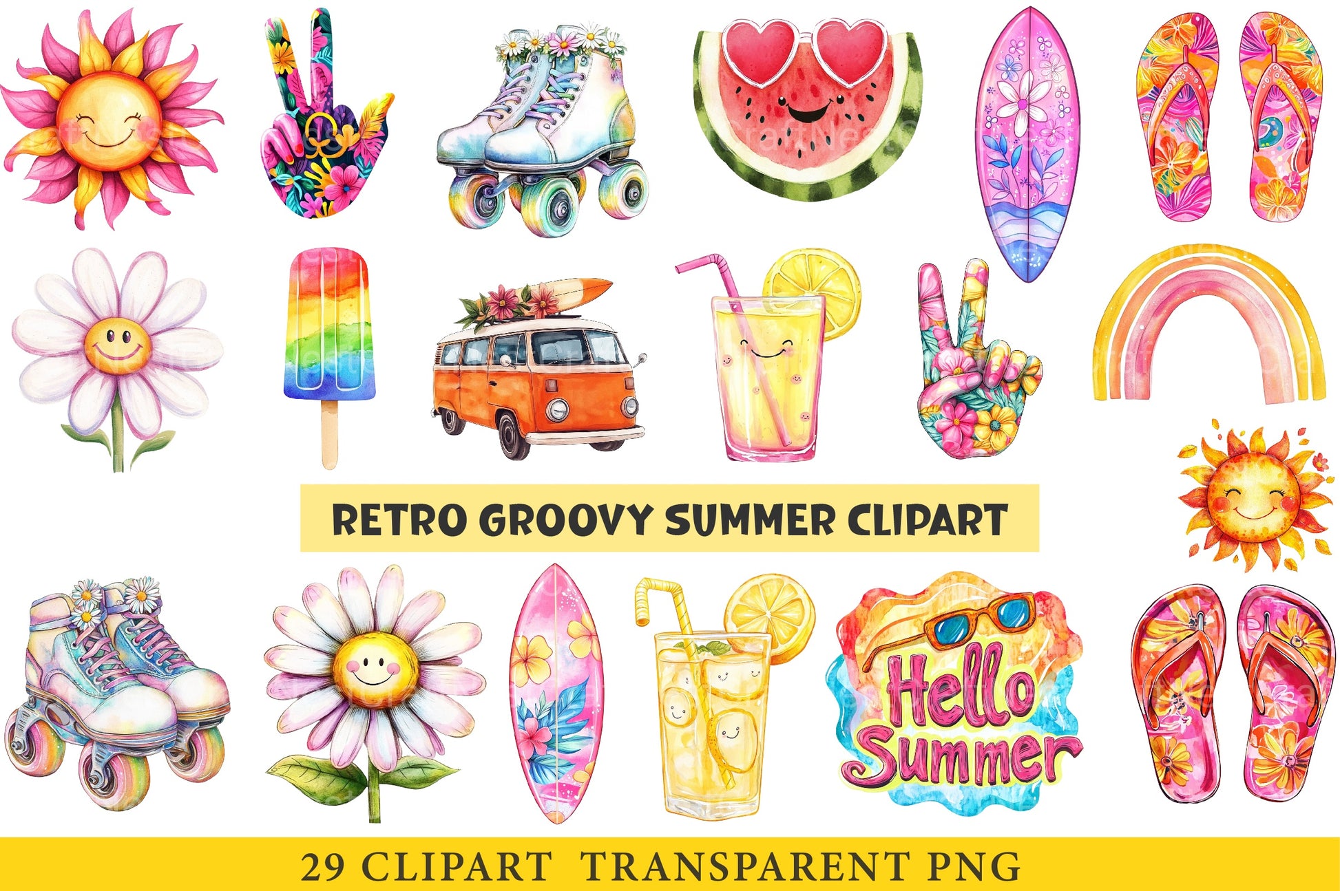 Retro Groovy Summer Clipart Bundle - CraftNest - Digital Crafting and Art